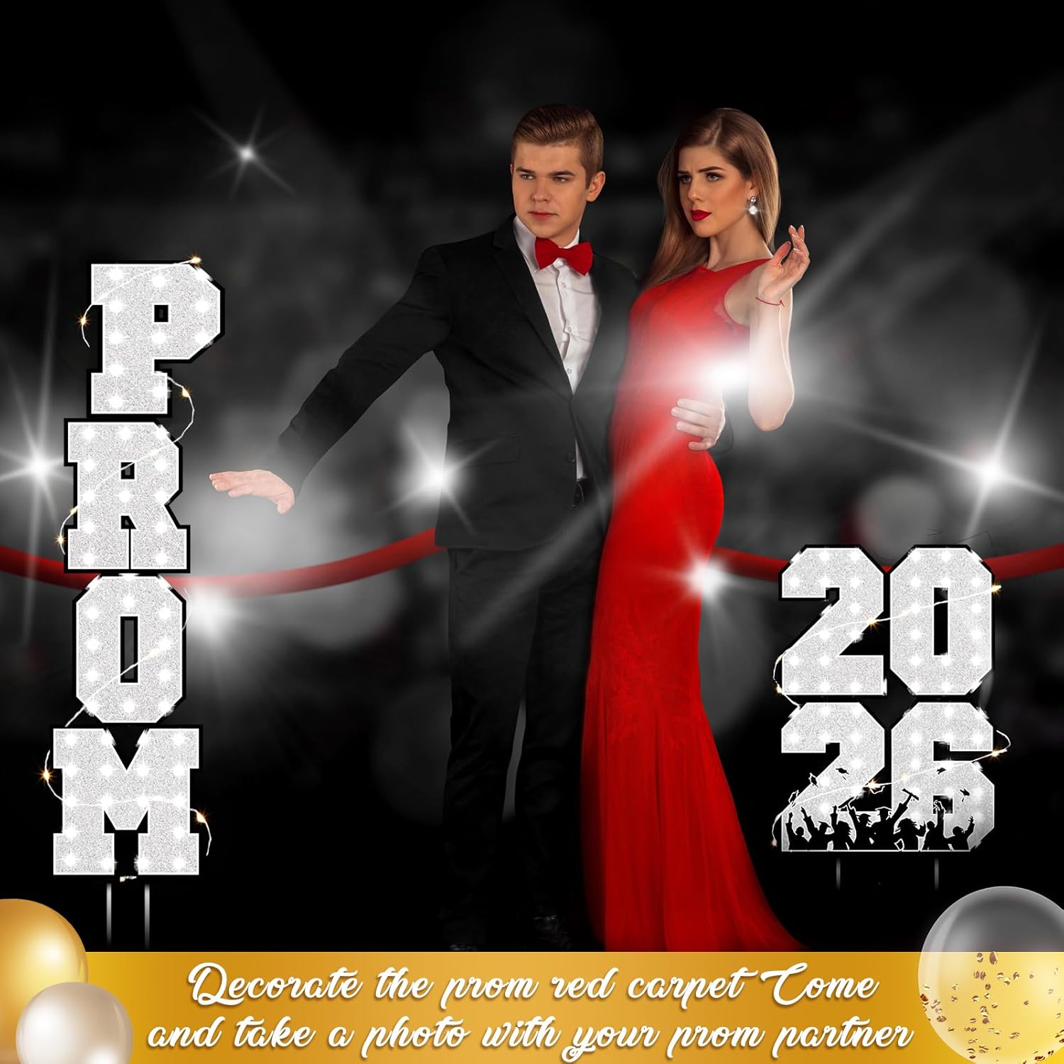 6 Pcs Prom 2026 Yard Signs Party Outdoor Lawn Decorations with Light String Prom Graduation Yard Signs Party Outdoor Grad Decorations Waterproof Lawn Decor Graduation Party Supplies (Silver and Black)