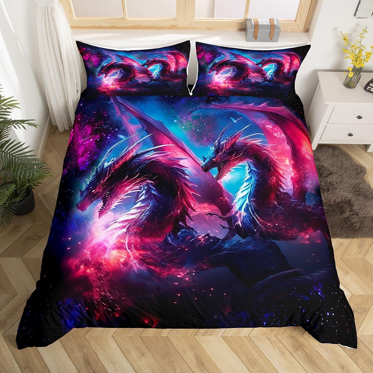Loussiesd Boys Girls Dragon Blue Purple Comforter Cover Double Size