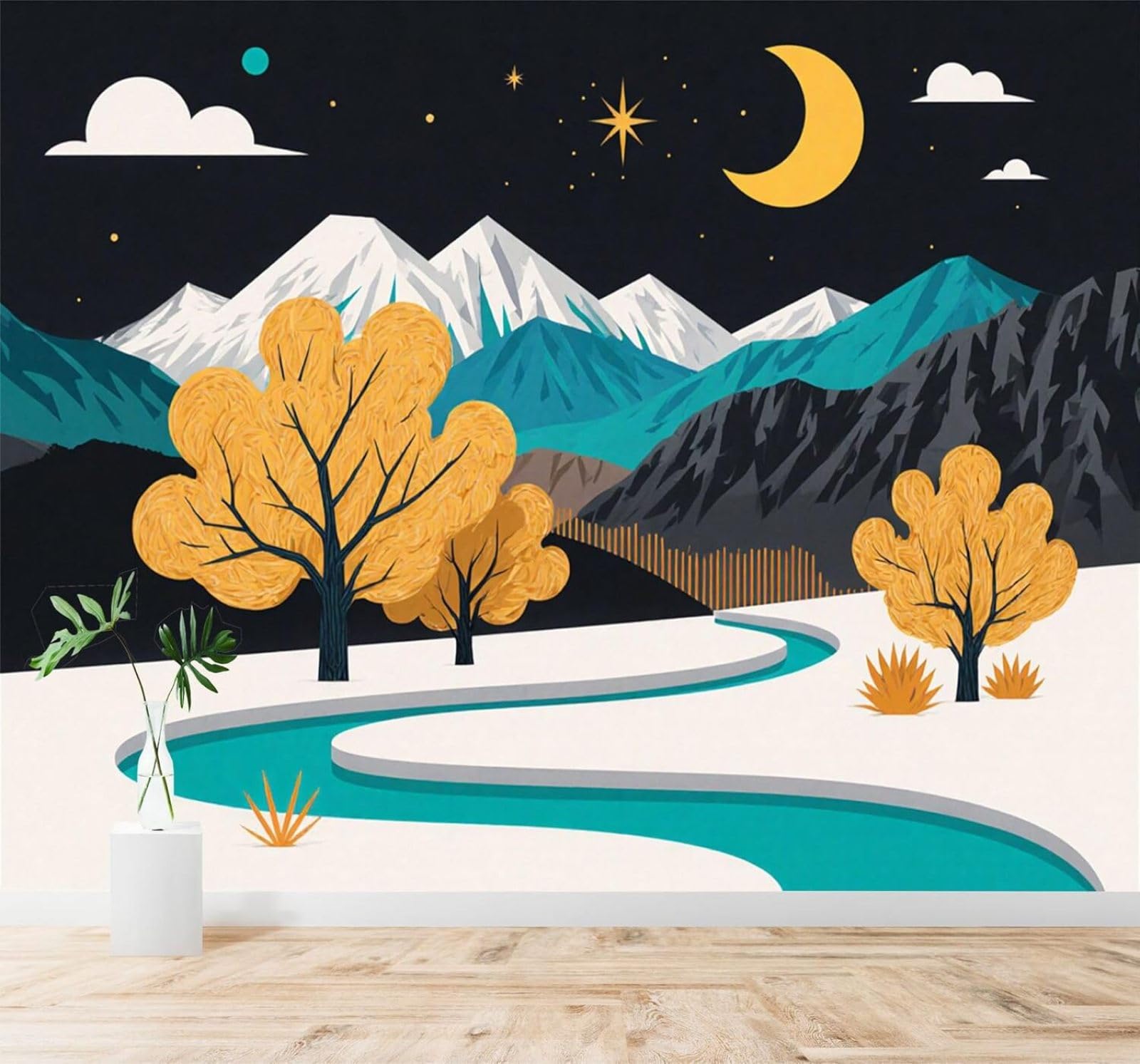 XLMING Moonlight Mountain Peaks Rivers Trees Autumn Scenery 3D Wallpaper Premium Textured Silk Study Dining Living Room Bedroom Sofa TV Wall Easy Install-250cm×170cm