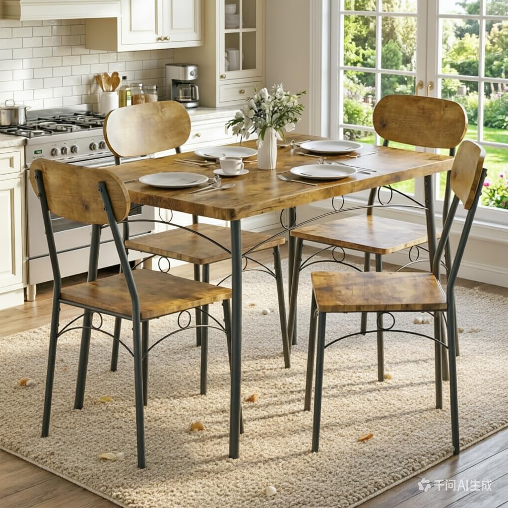 Photo 1 of *** UNKNOWN MISSING HARDWARE***VECELO Dining Table Set for 4, 5-Piece Kitchen Table with 4 Chairs, MDF Board Tabletop with Metal Frame for Small Space, Compact Dinette, Breakfast Nook, Brown