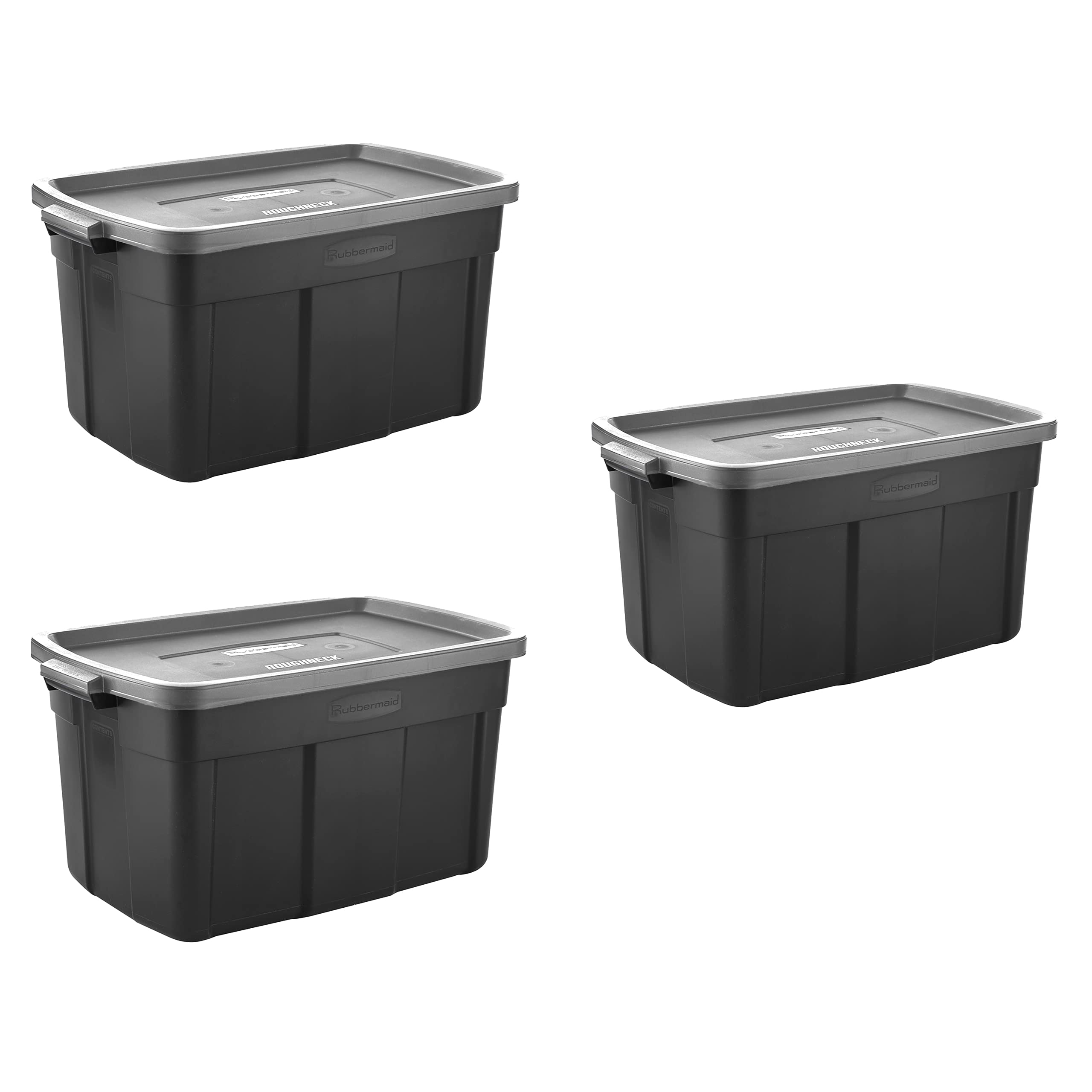 Rubbermaid Roughneck? 31 Gallon Storage Totes, Pack of 3, Durable Stackable Storage Containers with Lids, Nestable Plastic Storage Bins for Bulky Items, Seasonal Décor, Garage Storage, Black and Grey