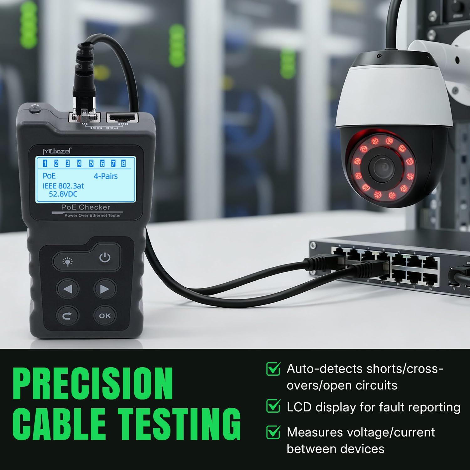 Tester sieci z PoE, tester kabli sieciowych RJ45 z wyświetlaczem LCD do stanu poprzecznego i przerwania kabli sieciowych Cat5/Cat6, test napięcia i prądu