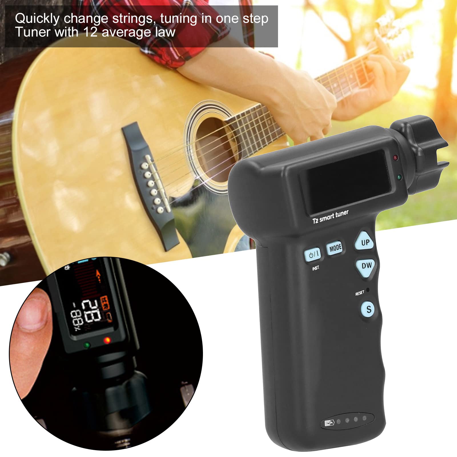 Intelligentes Gitarrenstimmgerät, 2-in-1-Smart-Tuner und Wickler-LCD-Display mit USB-Kabel für Gitarre, Ukulele, Chromatisches Stimmen (BLACK)