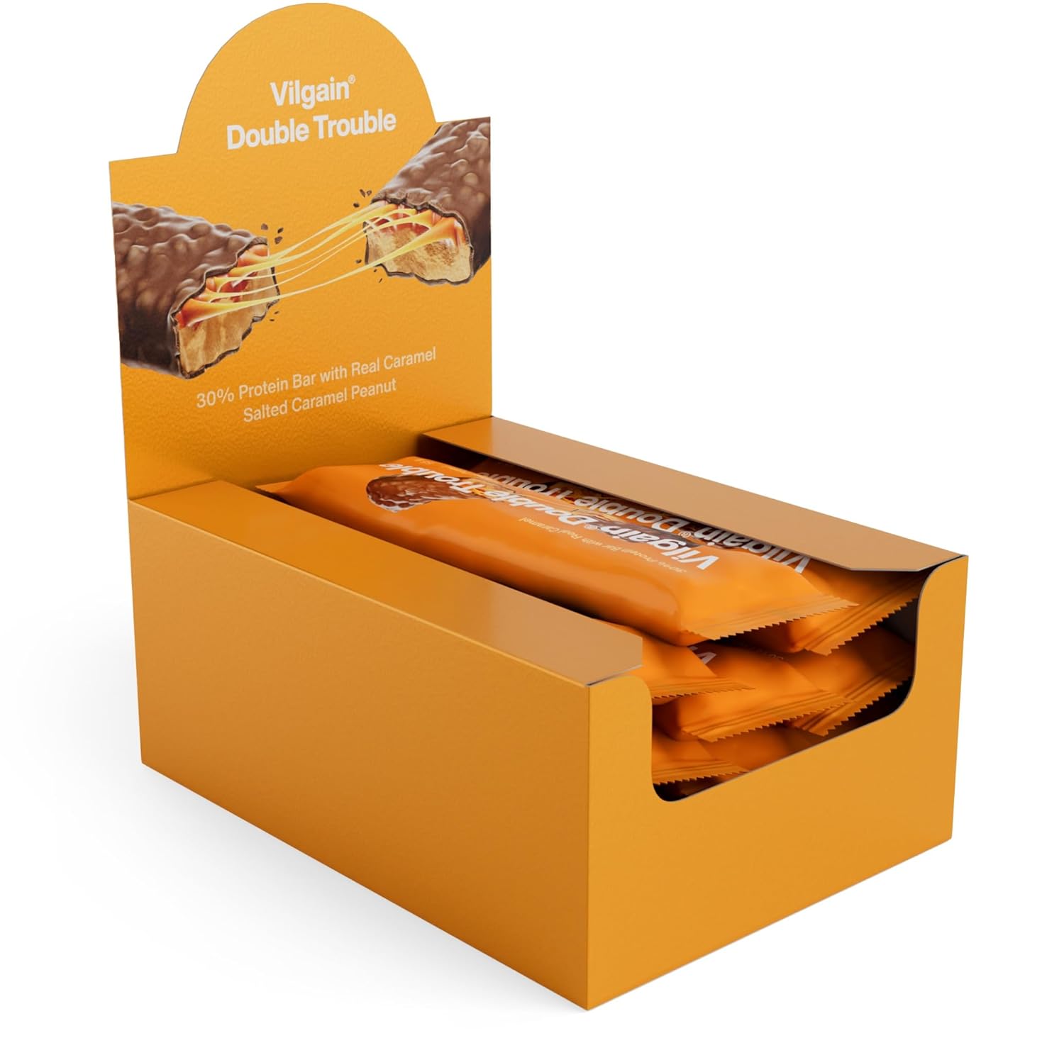 Vilgain Double Trouble Protein Bar | Two-layer nut bar with 29% protein & stevia sweetness | Bar ideal for muscle building & snacking (12x1.94 oz) (Salted Caramel)