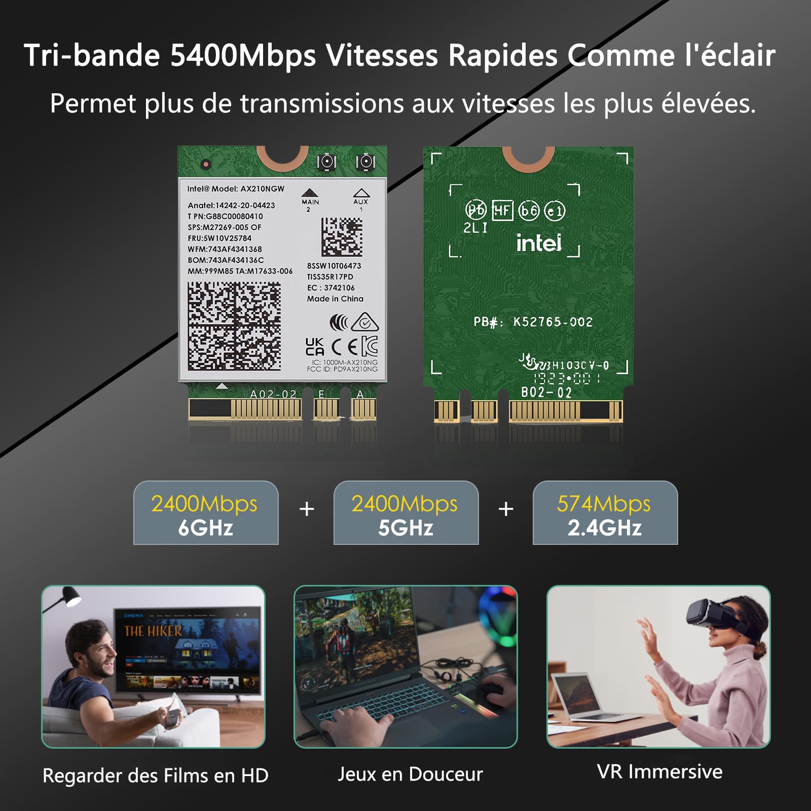 WAVLINK WiFi 6E Carte sans Fil,Intel AX210 Adaptateur Réseau Tri-bande 5400Mbps 2.4GHz/5GHz/6GHz avec Bluetooth 5.3 pour Ordinateur Portable,Latence Ultra-faible,Support Windows 10/11 (64bit) M.2/NGFF