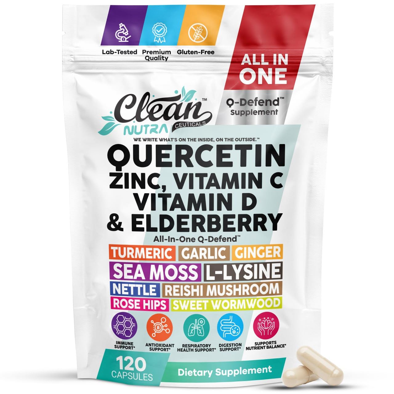 Q Defend Quercetin Supplement with Zinc Vitamin C Vitamin D Elderberry Turmeric Black Pepper Garlic Ginger Sea Moss Lysine Stinging Nettle Reishi Mushroom Immune Support 120 Capsules by Clean Nutra — Amazon image 9