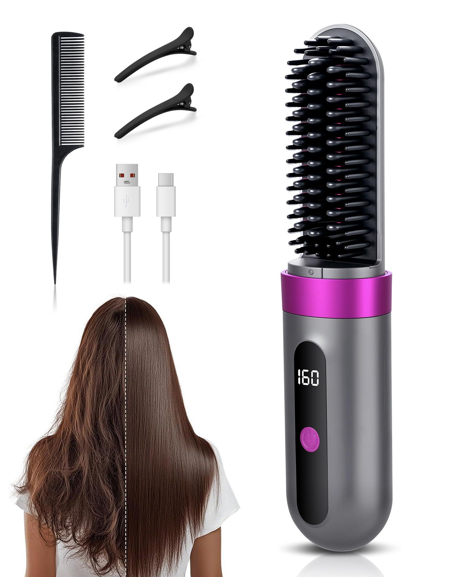 Brosse à lisser sans fil avec batterie, brosse lissante ionique 160–200 °C, 3 niveaux de température, écran LED, brosse à lisser en céramique USB-C, portable pour voyage et coiffage