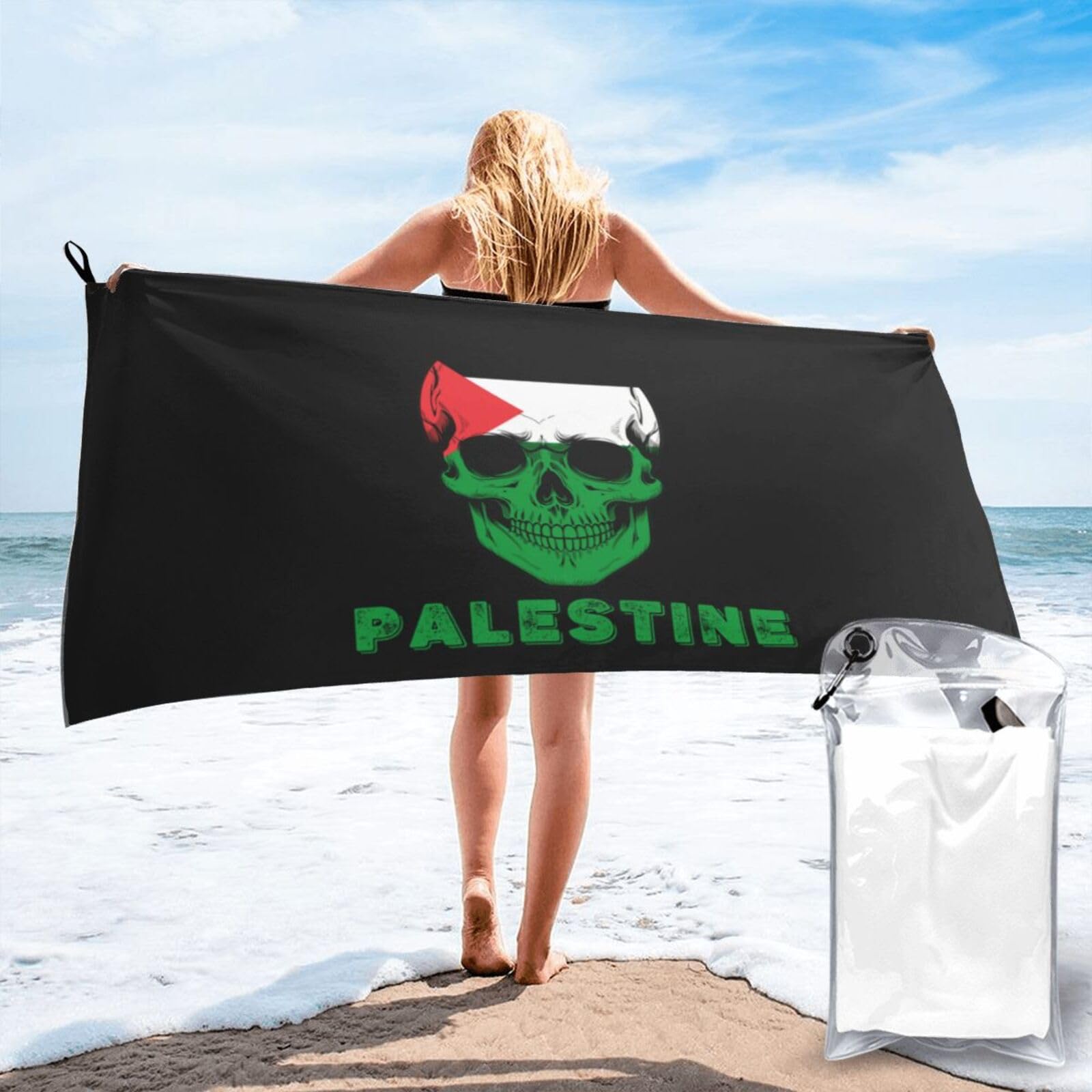 HACXZ Skull Palestine Flag Lightweight Absorbent Beach Towel Microfiber Beach Towel 31.5"X63"