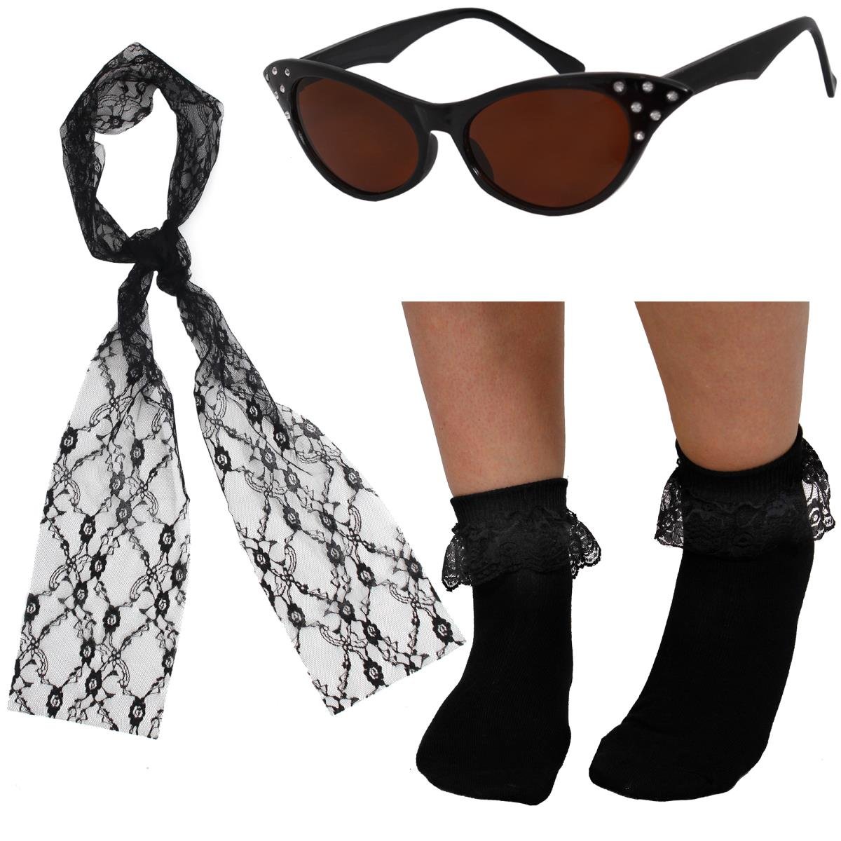LADIES 1950S FANCY DRESS COSTUME SET – BLACK 50S STYLE SUNGLASSES, BLACK LACE CHIFFON AND BLACK BOBBY SOCKS