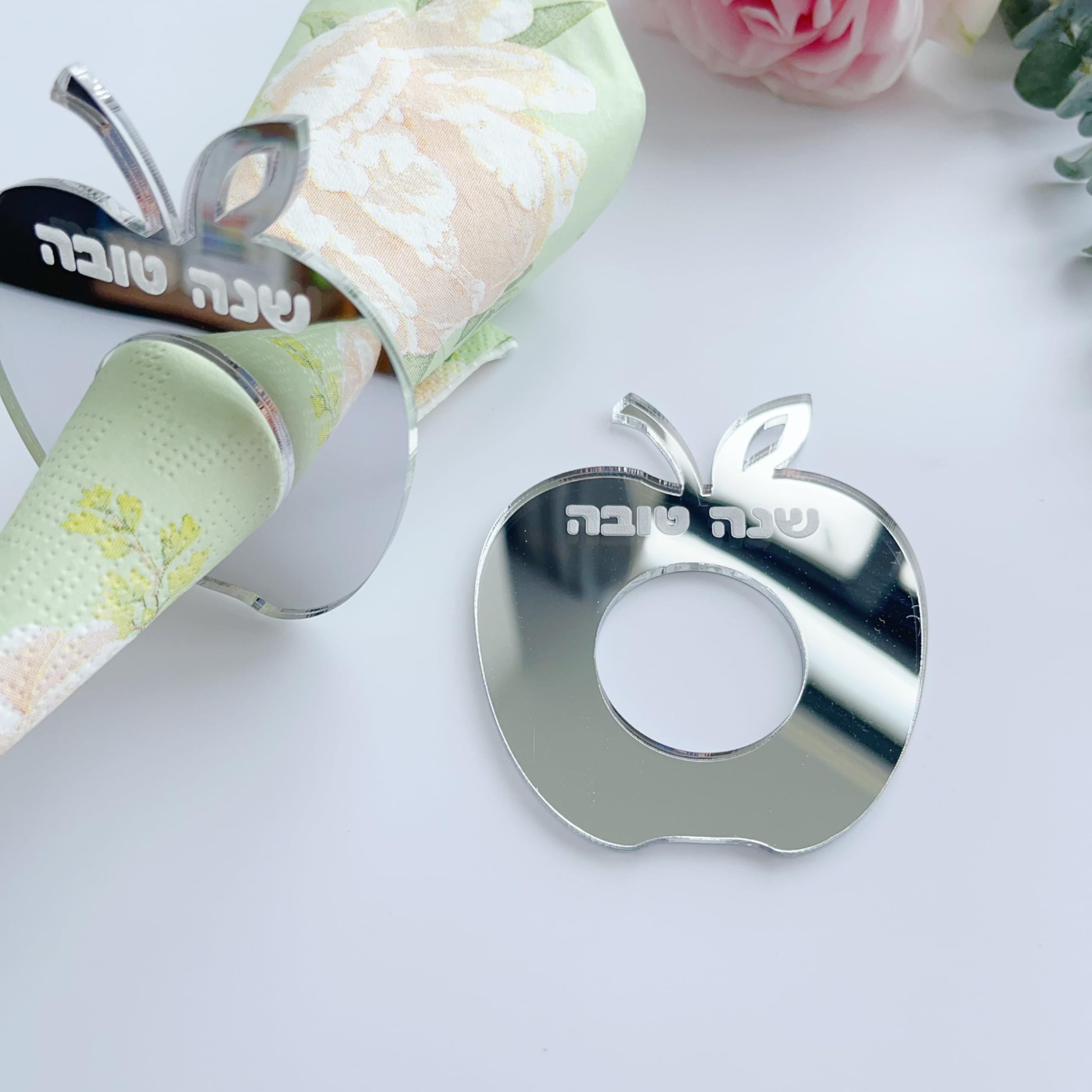 NUO RUIRosh Hashanah Pack of 12 Serviette Ring, Serviette Holder, Napkin Ring Holder, Jewish New Year Shana Tova Decoration (Mirror Silver)