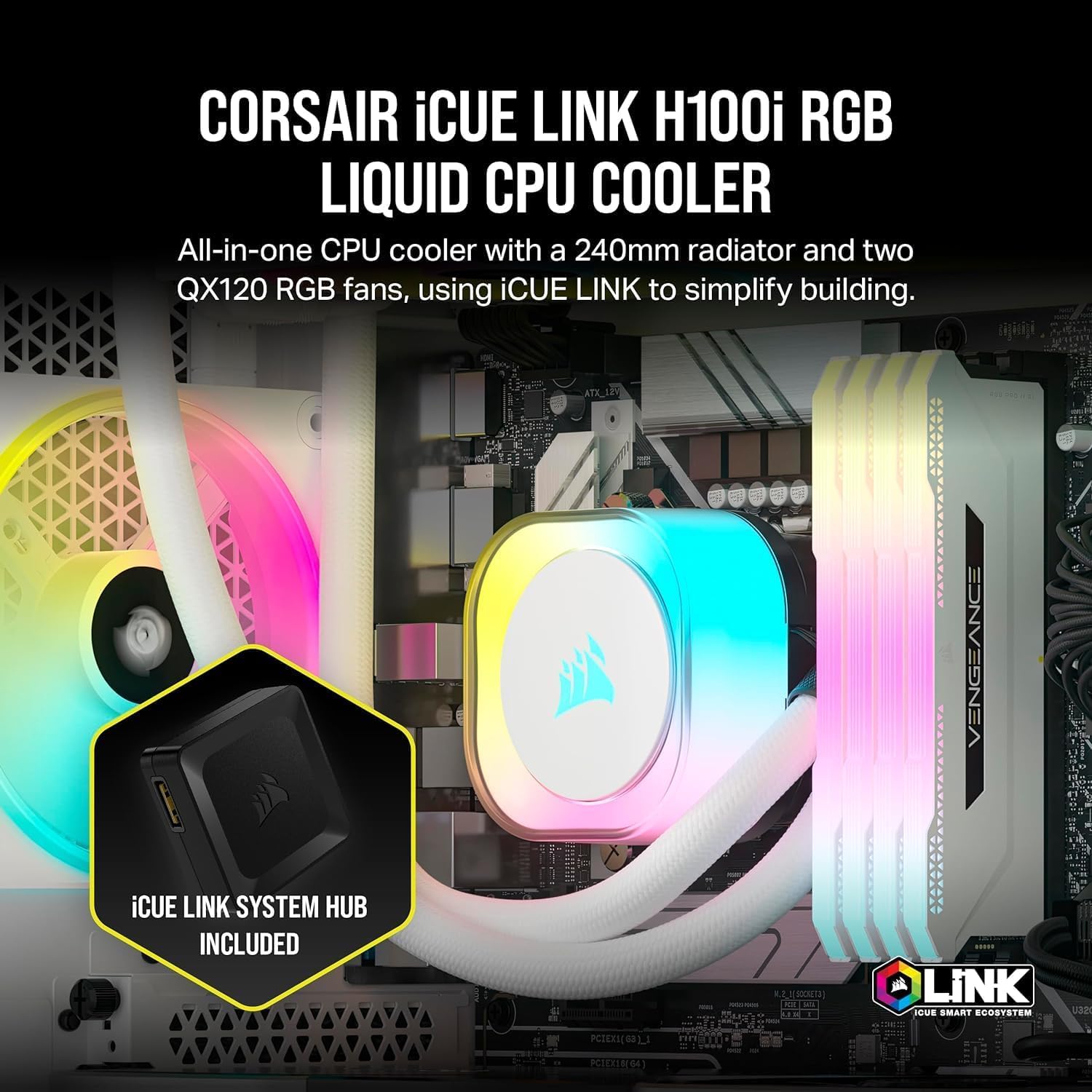 CORSAIR iCUE Link H100i RGB Liquid CPU Cooler - 240mm AIO - QX120 RGB Fans - Fits Intel® LGA 1700, AMD® AM5 - iCUE Link System Hub Included - White (Renewed)