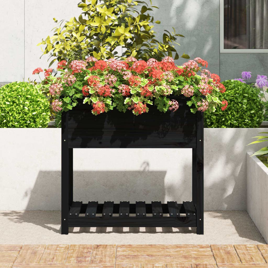 Jardinera con estante negro, 82,5 x 54 x 81 cm, madera maciza de pino para balcón y patio, jardinera elevada ergonómica con amplio espacio para plantas, huerto y hierbas aromáticas,