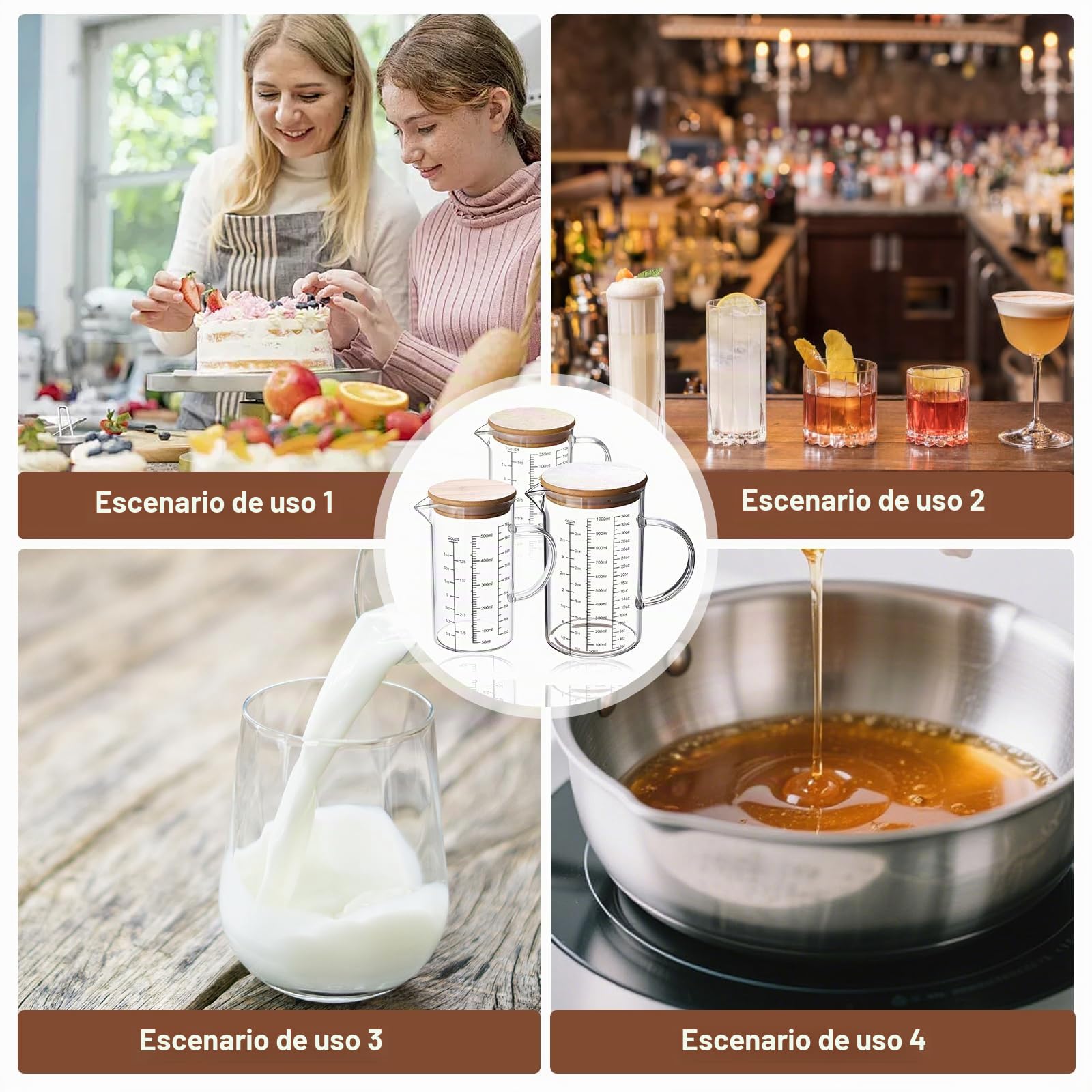 Juego de 3 vasos medidores de cristal con tapa, mango, 350 ml, 500 ml, 1000 ml, tazas de medición de vidrio de borosilicato, resistentes al calor, con escala precisa para cocina y hornear