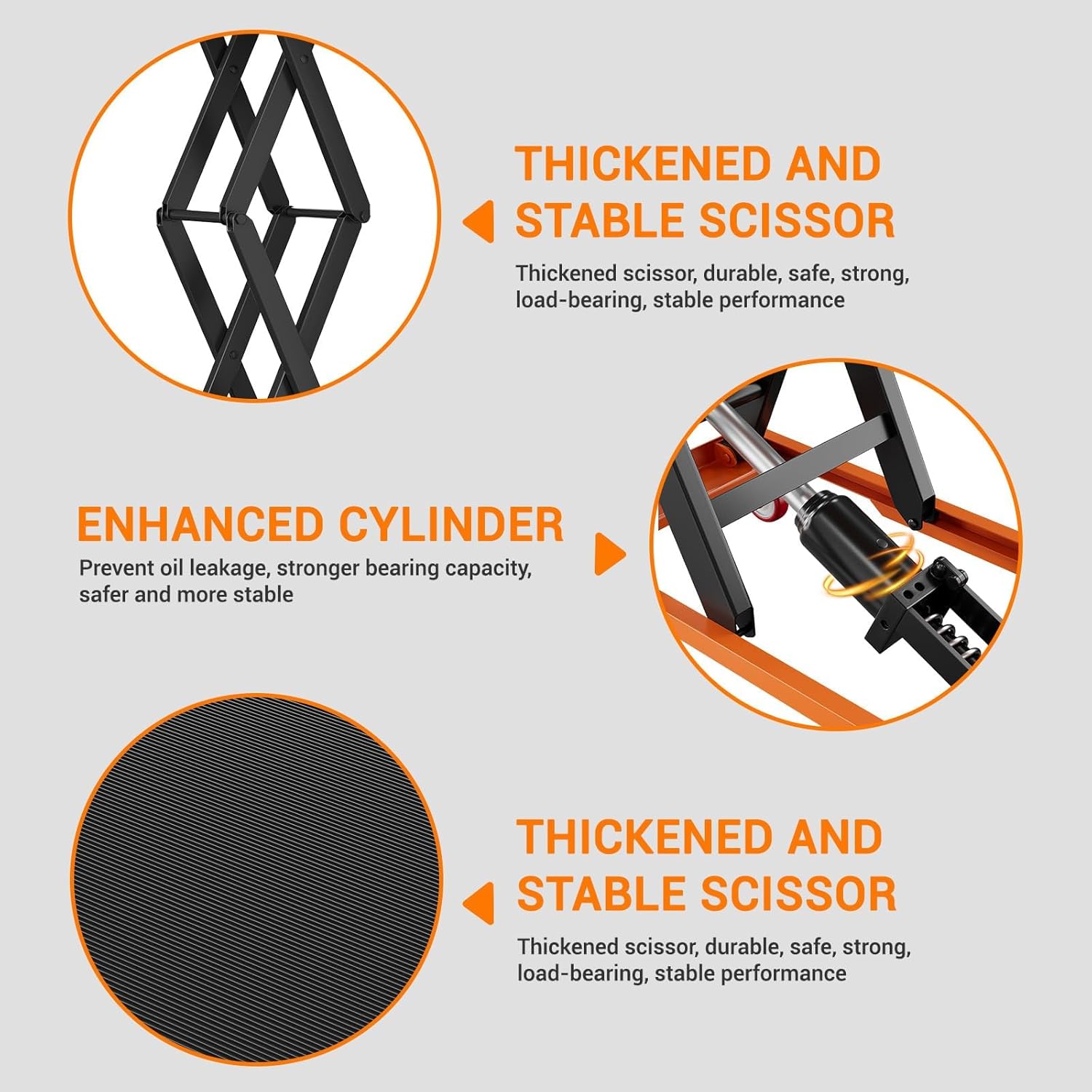 Detallado view of the thickened scissor mechanism, enhanced hydraulic cylinder, and non-slip platform pad of the lift table.