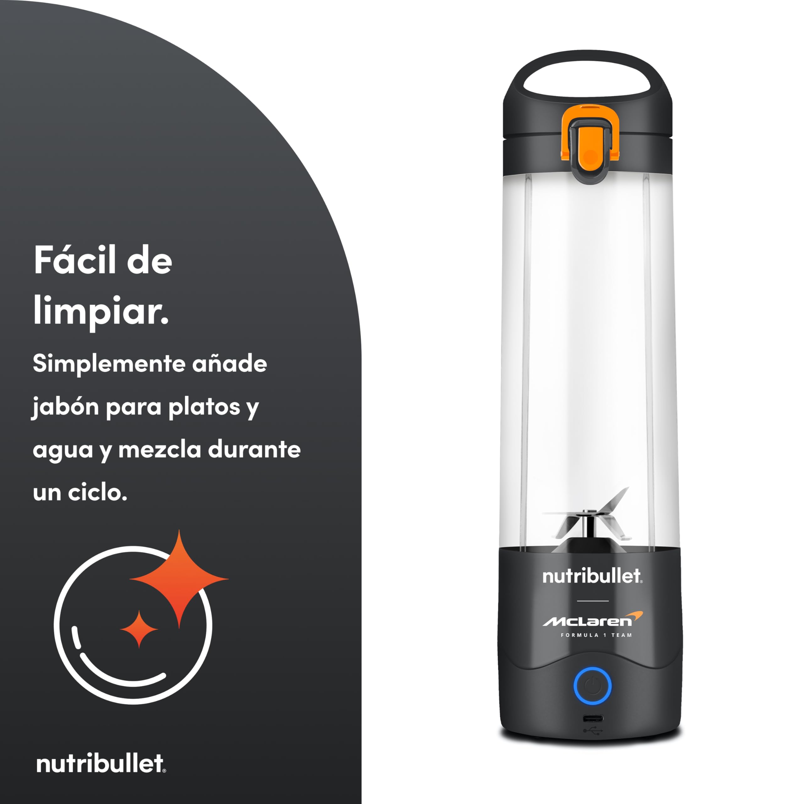 nutribulllet Portable x McLaren F1 Team - Batidora Portátil, Smoothie Maker Inalámbrico con Batería, Vaso de Tritan de 475 ml, USB-C, Tapa To-Go, Compacta y Ligera, Gris (NBP003GO-MC)