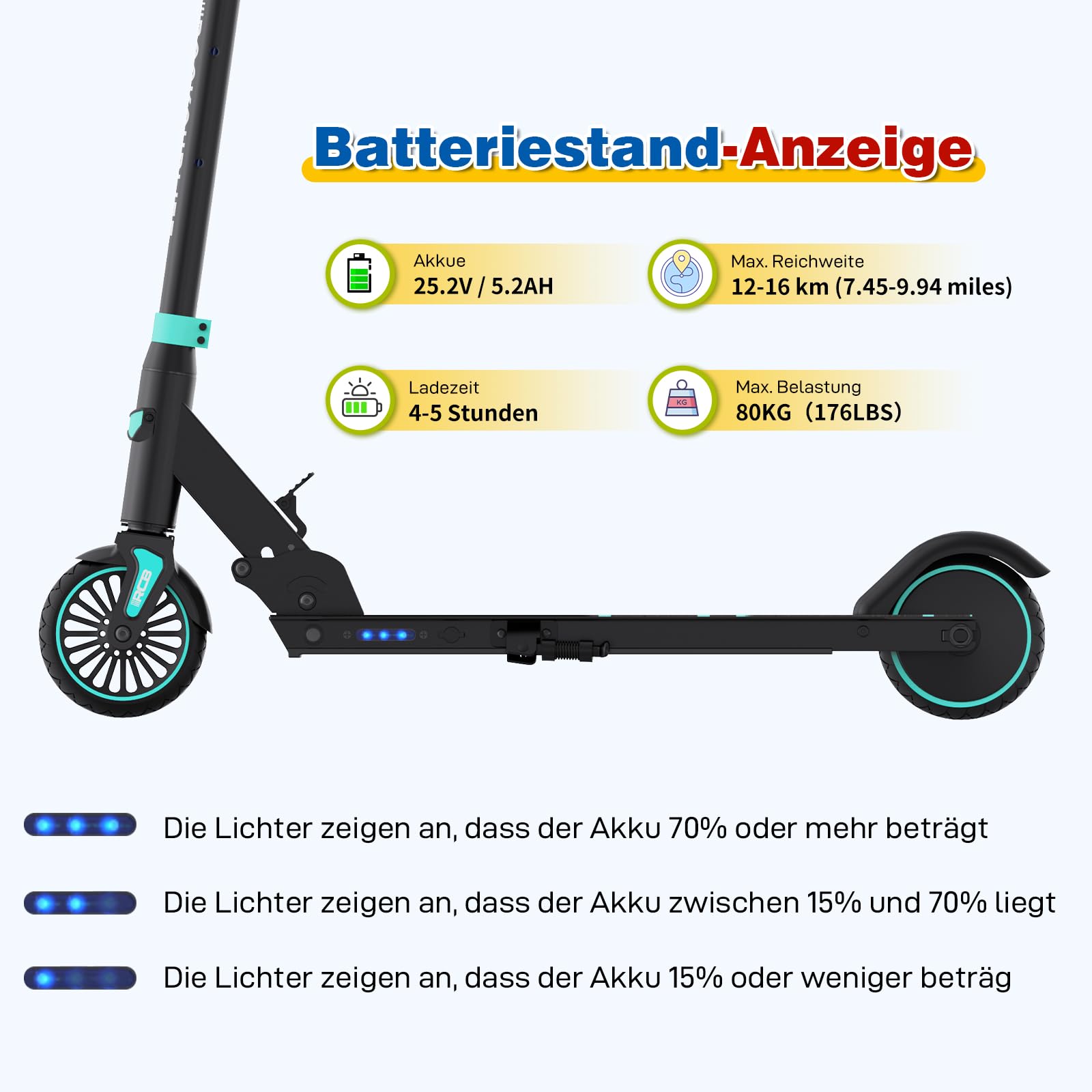 RCB TECH E-Scooter Kinder (8-12-16 Jahre) - Faltbarer Elektroroller - Max Reichweite 16 KM - Max. 20 KM/H - Geschenk für Kinder und Jugendliche