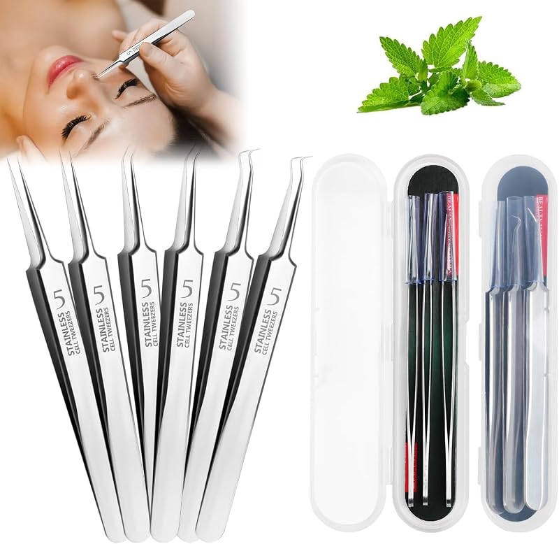 Pinças para cuidados faciais Denir Bonee, 3 formatos, aço inoxidável, pacote com 2 conjuntos