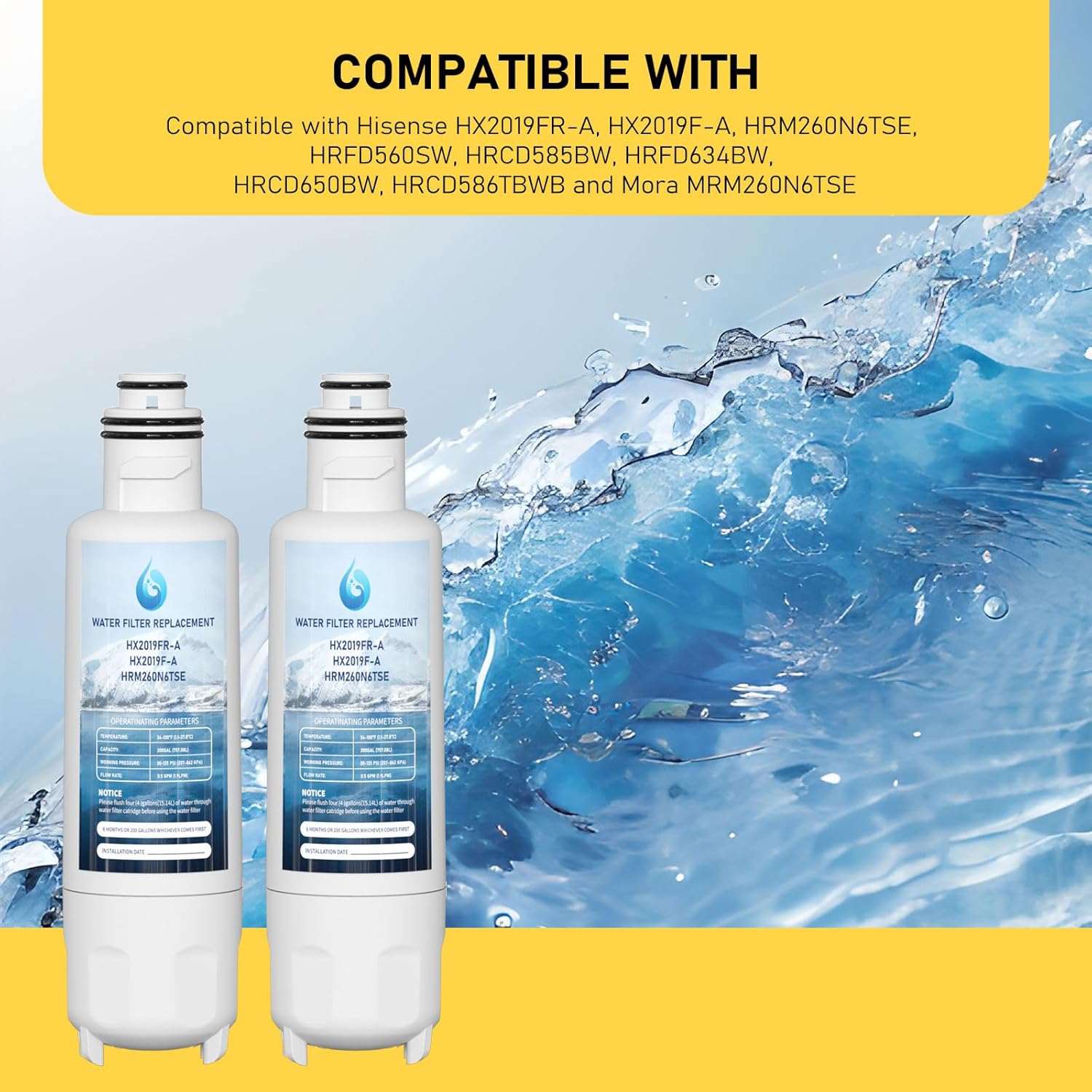 HX2019F-A HX2019FR-A Water Filter Replacement, Compatible With Hisense HRM260N6TSE, HRFD560SW, HRCD585BW, HRFD634BW, HRCD650BW, HRCD586TBWB and Mora MRM260N6TSE 2 Pack