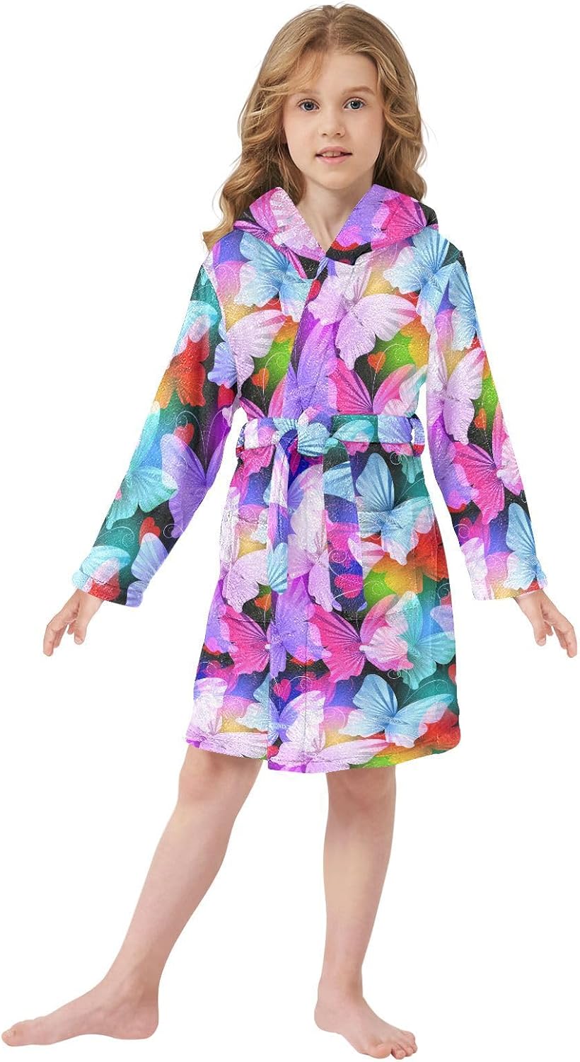 senya Colorful Glowing Radial Butterflies Toddler Hooded Bathrobe Kids Soft Plush Bath Towel Robes for Boys Girls 2-12 Years