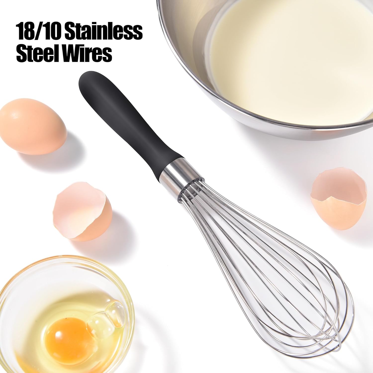 18/8 Stainless Steel Balloon Whisk, Doosu Kitchen Whisk for Cooking Handheld Egg Beater with Rust-Proof Sturdy Wires & Non-Slip Silicone Handle for Beating, Stirring, Blending (8 Wires, Black) - Image 3
