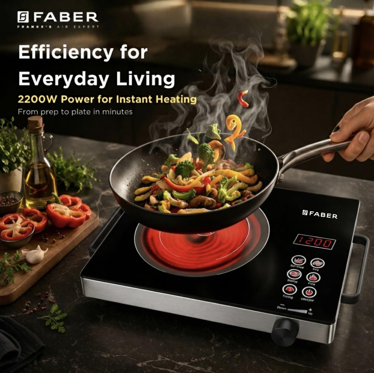 Faber FIP EMBER PRO22 Infrared Cooktop in use with a pan of stir-fried vegetables