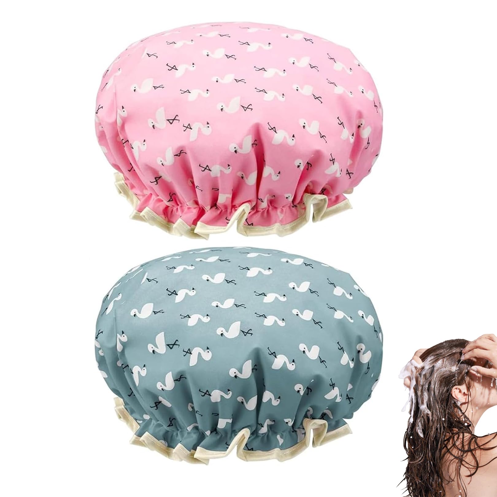 2 Pcs Shower Cap,Large Caps Waterproof Elastic Band Bath Double Layers Reusable with Ruffled Edge Covering Ears for Long,Keeping Short and Curly Hair,for Women UK and Girls and Kids,Multifunctional