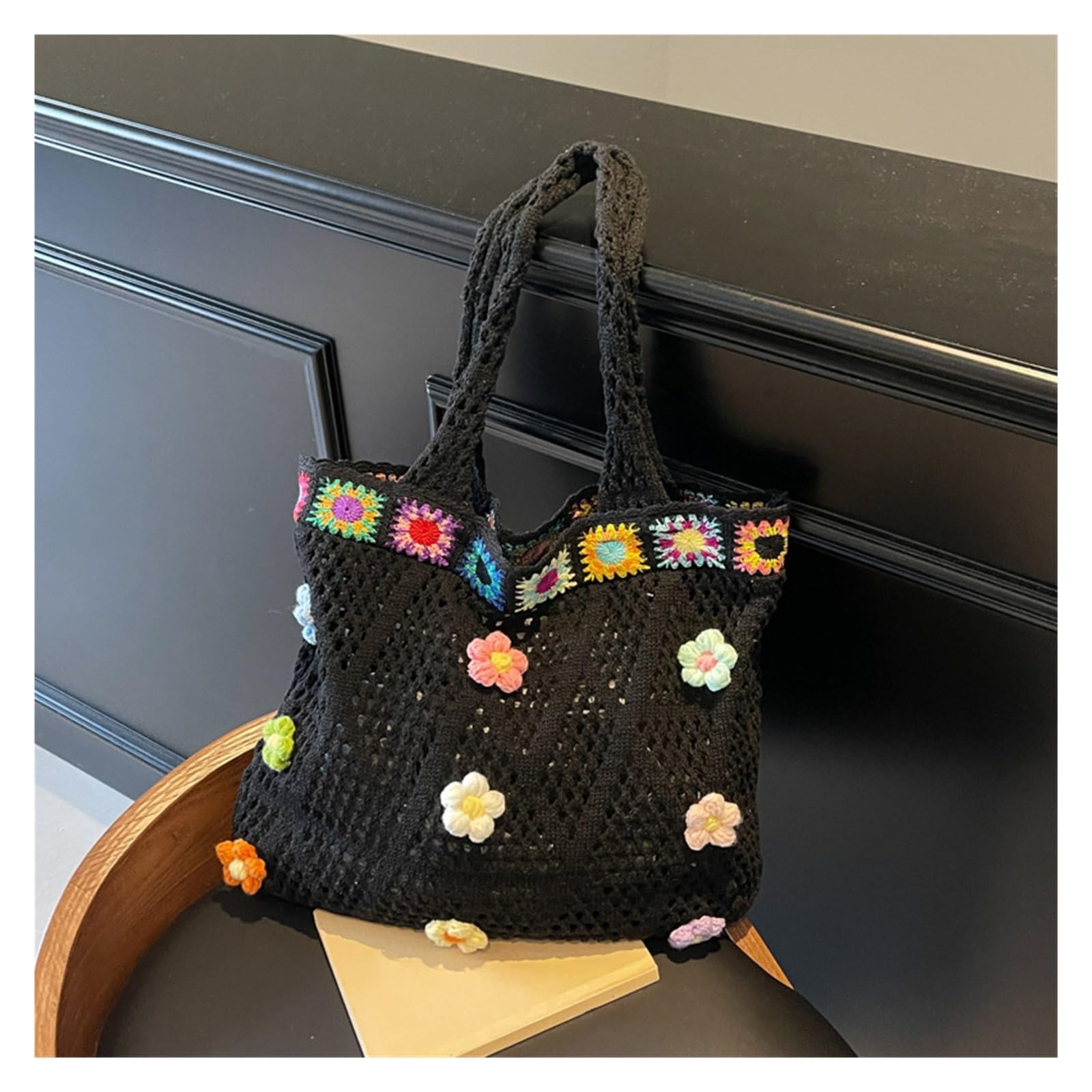Bolso de Flores de Crochet Bolso de hombro tejido estilo étnico gran capacidad, bohemio, crochet, informal, con estampado floral