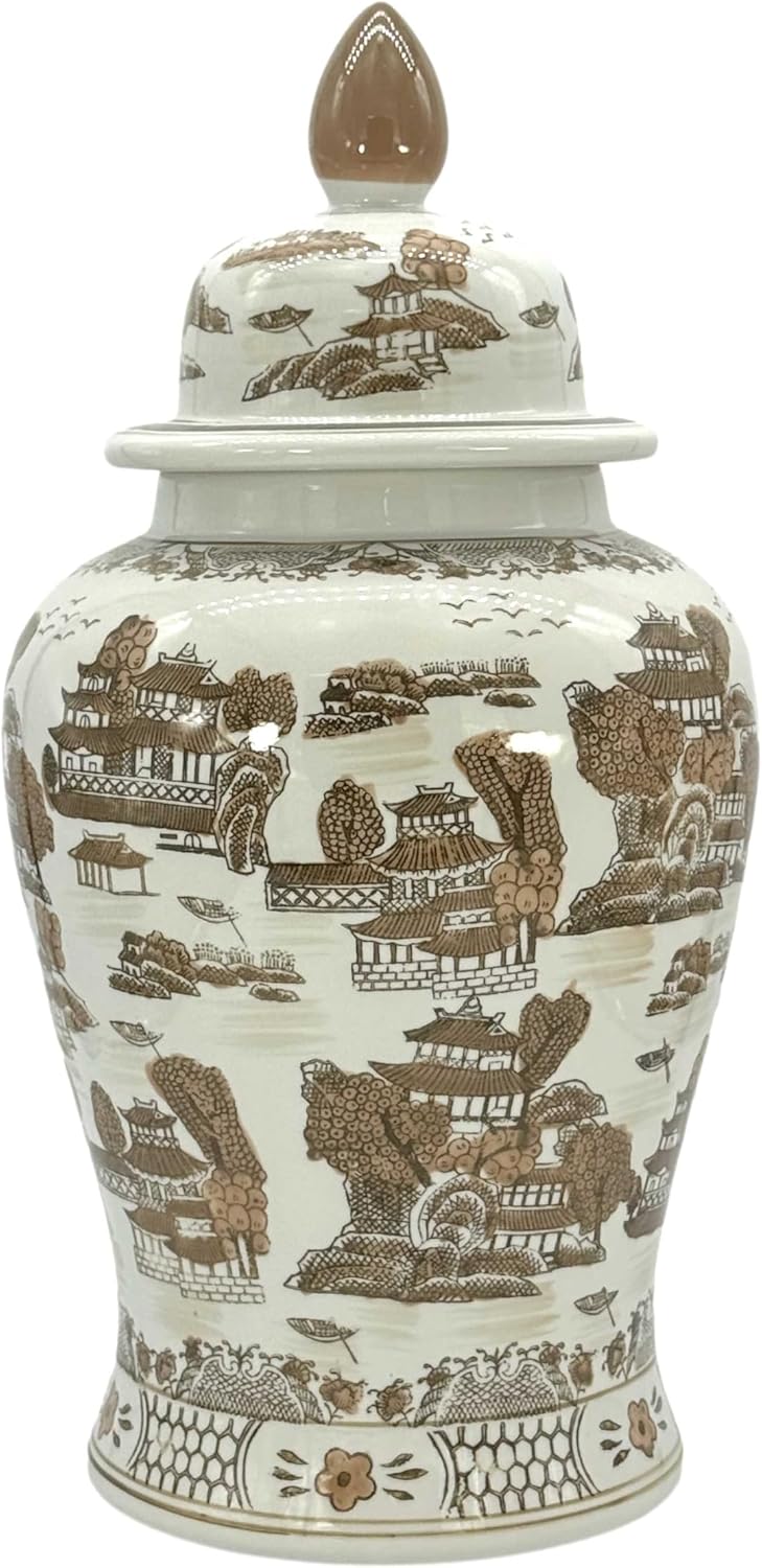 Galt International Large 25" Brown & White Classic Landscape Chinoiserie Ceramic Temple Jar w/Lid - Ginger Jar Home & Kitchen Decor for Interior Design - 25-inch