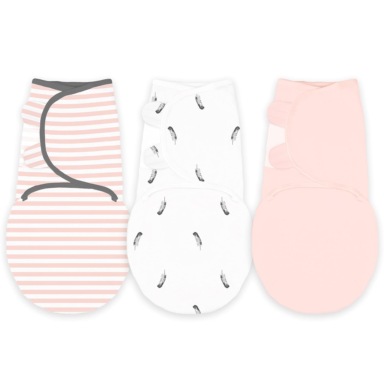 Amazing Baby Swaddle Blanket with Adjustable Wrap, Set of 3, Little Feather, Stripes and Solid, Pink, Small