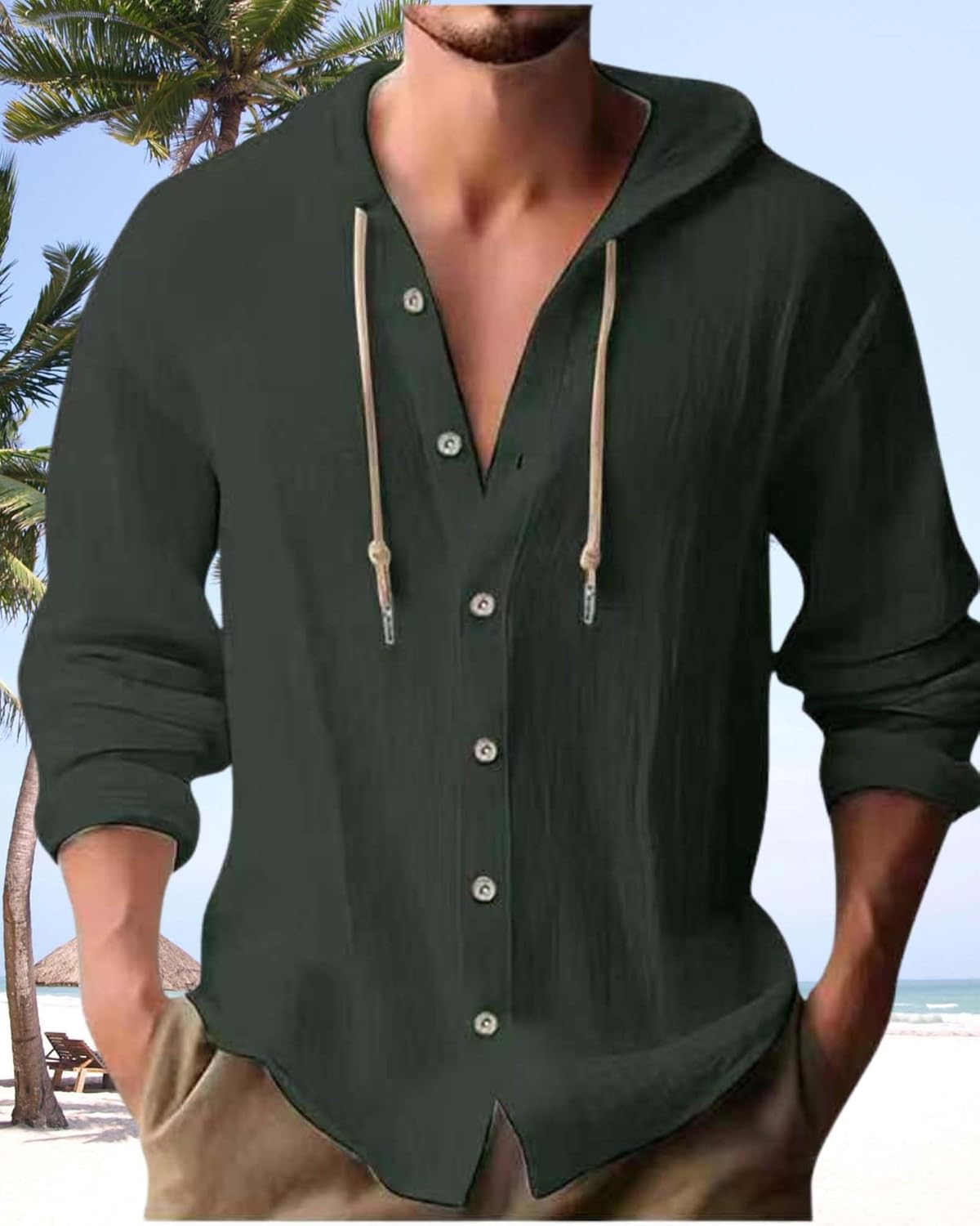 Cotton Linen Hoodie for Men Summer Casual Long Sleeve Button Down Hawaiian Beach Shirt Tops with Hood - Image 5