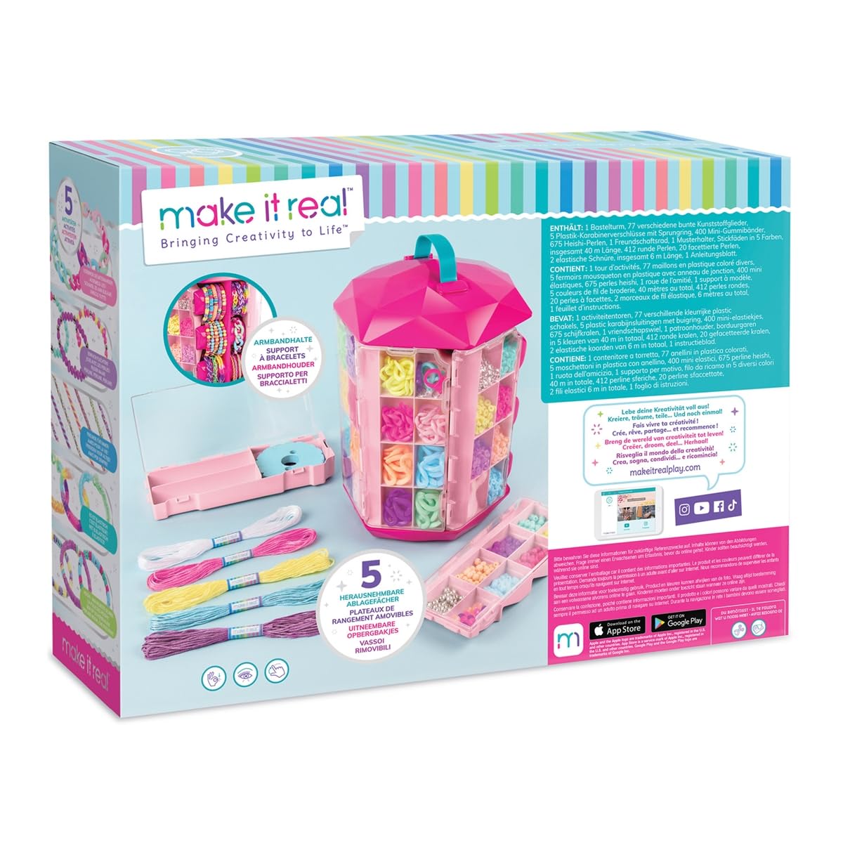 Make It Real 1754 Torre dei Gioielli 5 in 1 – Kit Creativo con 1600 Pezzi per Creare 40+ Gioielli – Braccialetti, Collane, Elastici e Perline – Con Vassoi Girevoli e Supporto Espositore