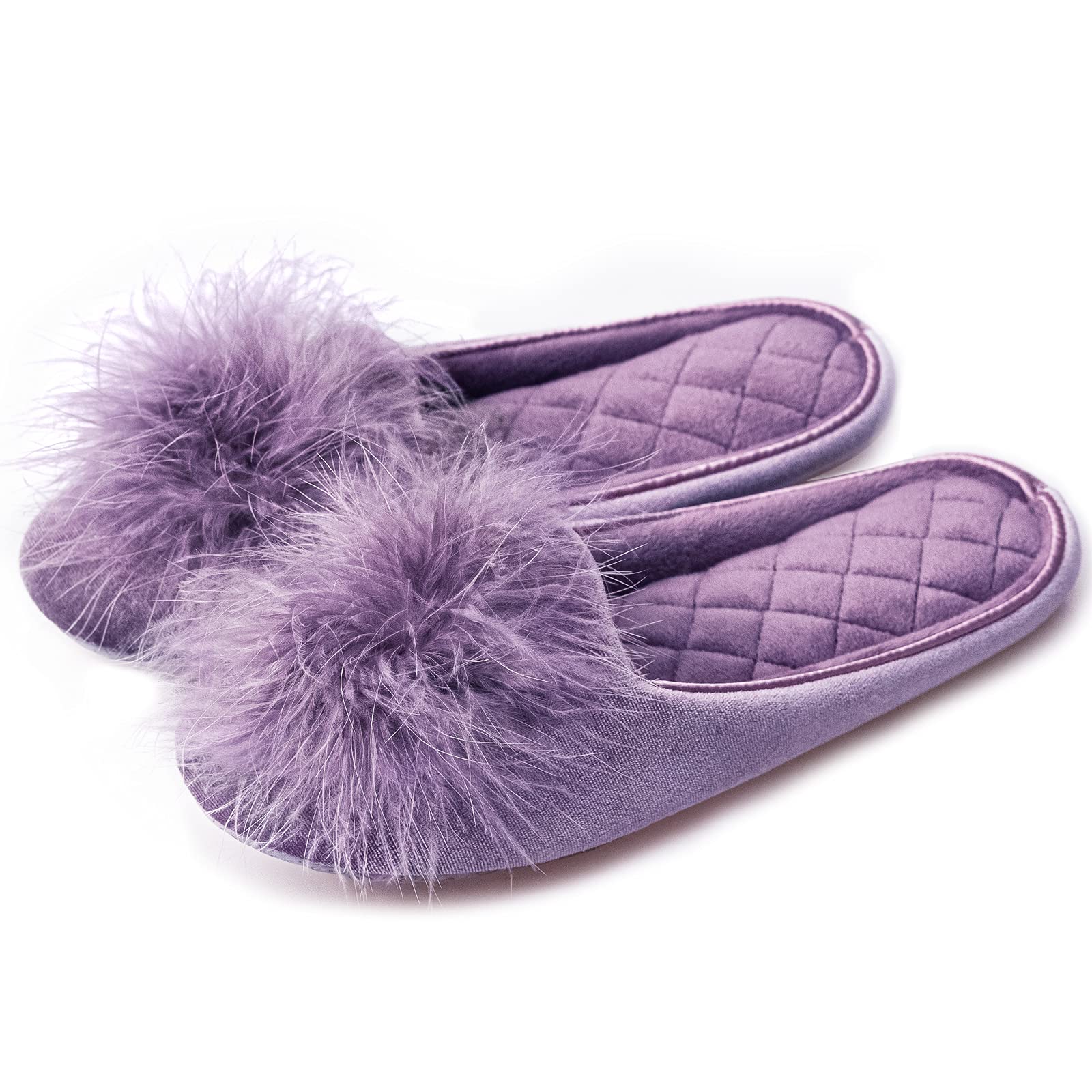 Women's Fuzzy Pom Pom Velvet Memory Foam House Slippers Ladies Cozy Chenille Knit Bedroom Slippers Non-slip Sole Indoor Outdoor