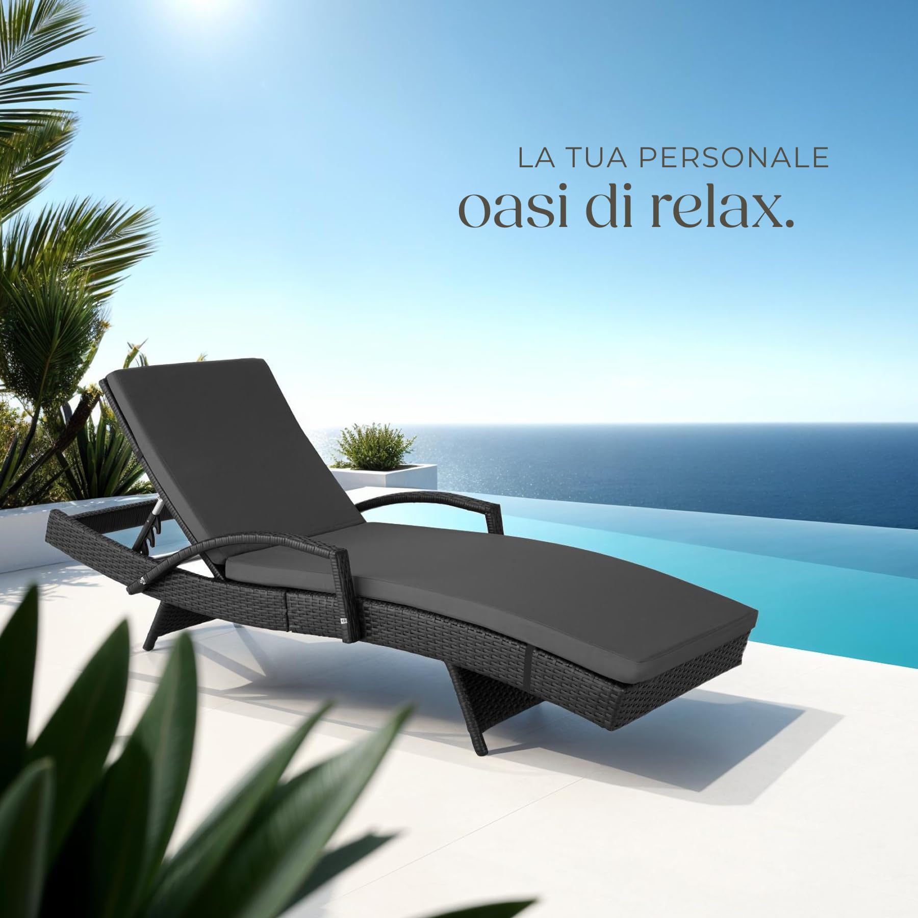 tectake® Lettino Prendisole in Rattan, Struttura in Alluminio, Schienale Regolabile, Cuscino lettino Imbottito Incluso, Lettino Ideale per Giardino, Piscina e Terrazza, Portata 150 kg - Nero