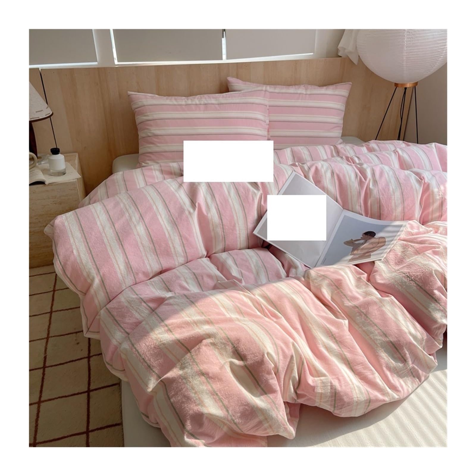 Parure de lit en coton doux de qualité supérieure avec housse de couette rayée rose
