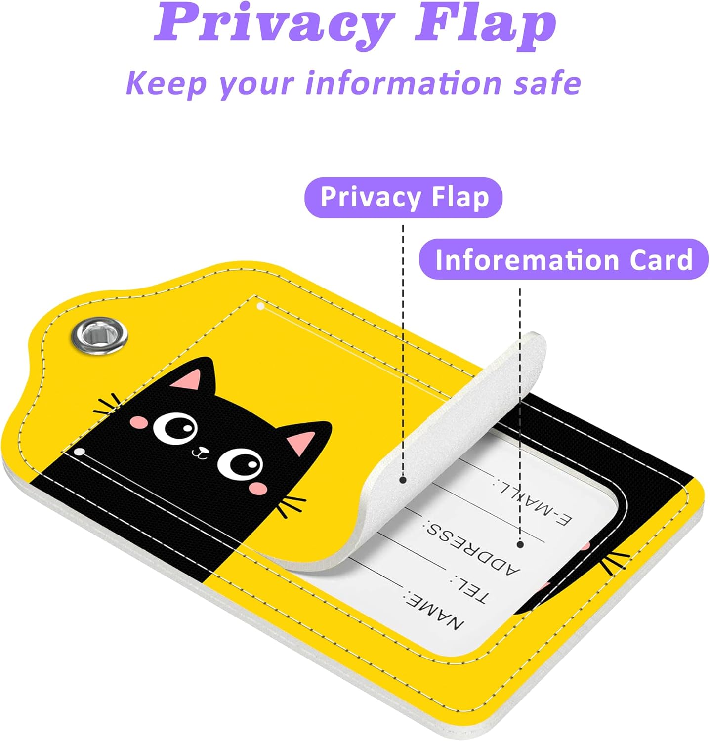 Set of 2 Luggage Tags Two Black Kitten Face Head Leather Suitcases Tag with Privacy Cover Stainless Steel Loop and Address Card for Women Men Travel image 3 of 7 B0CBTTQ1RF