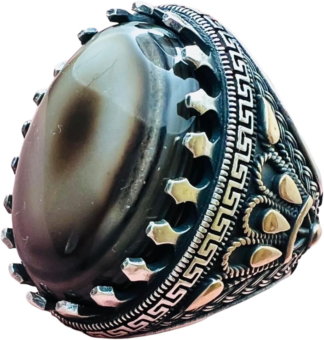 Natural Large Yemen Sulaimani Devil Eye Yemeni Agate Yemen Aqeeq for Ring Natural Yemen Agate Stone 925 Sterling Silver Men's Ring عقیق یمانی (7)