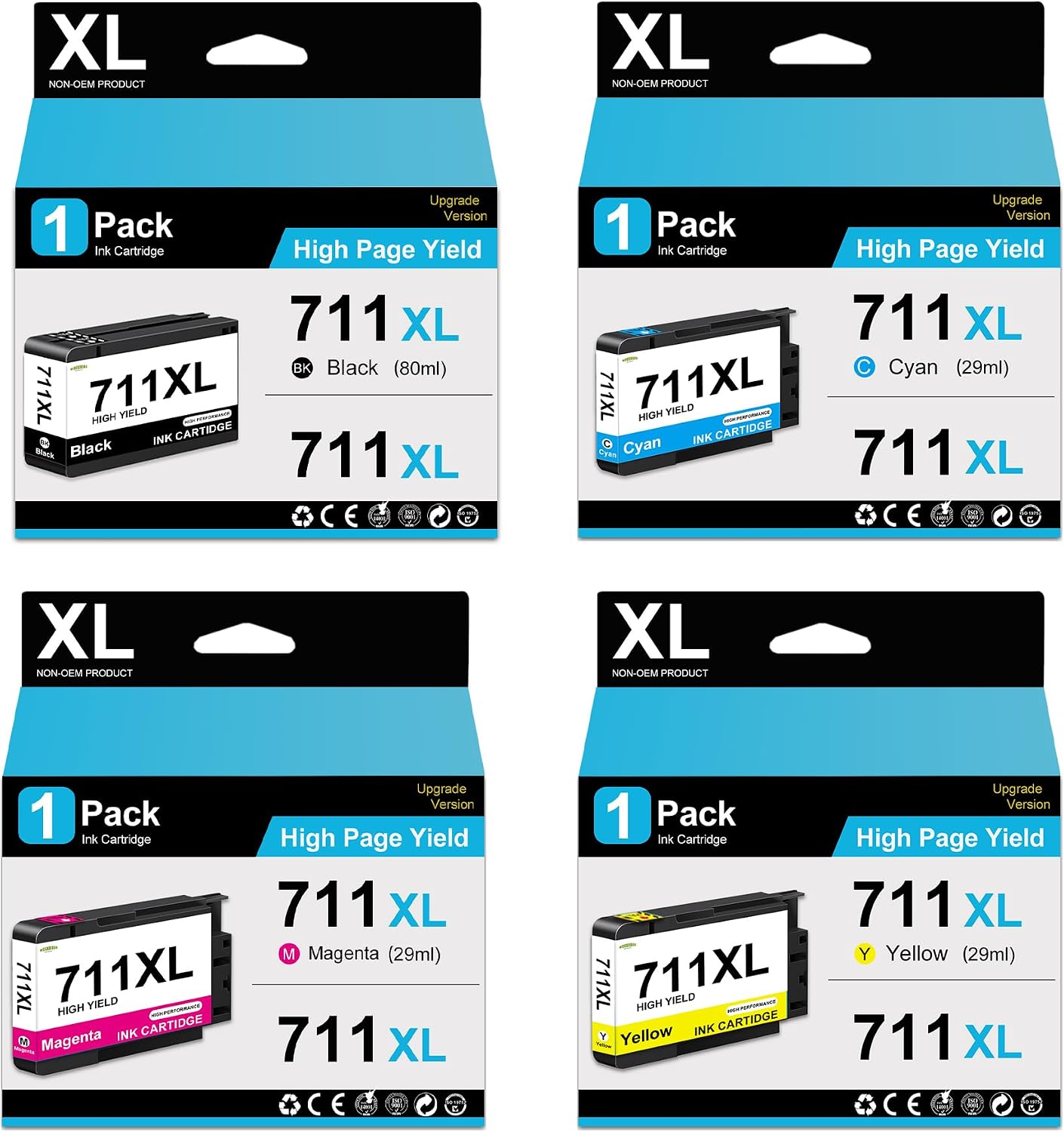 711XL Ink Cartridges High Yield Replacement for HP 711XL 711 Ink Compatible with DesignJet T100 T120 T125 T130 T520 T525 T530 Printer 4-Pack (80-ml Black / 29-ml Cyan/Yellow/Magenta)