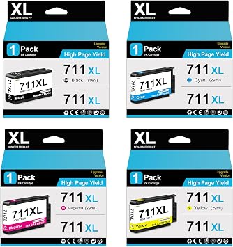 711XL Ink Cartridges High Yield Replacement for HP 711XL 711 Ink Compatible with DesignJet T100 T120 T125 T130 T520 T525 T530 Printer 4-Pack 80-ml Black / 29-ml Cyan/Yellow/Magenta
