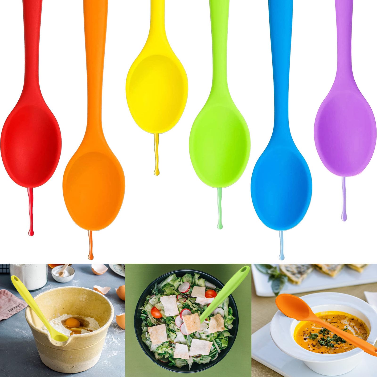 Lot de 6 cuillères en silicone anti-adhésives - Cuillères de cuisine résistantes à la chaleur - Silicone pour mélanger, cuisiner, cuire Lot de 6 cuillères en silicone anti-adhésives - Cuillères de cuisine résistantes à la chaleur - Silicone pour mélanger, cuisiner, cuire