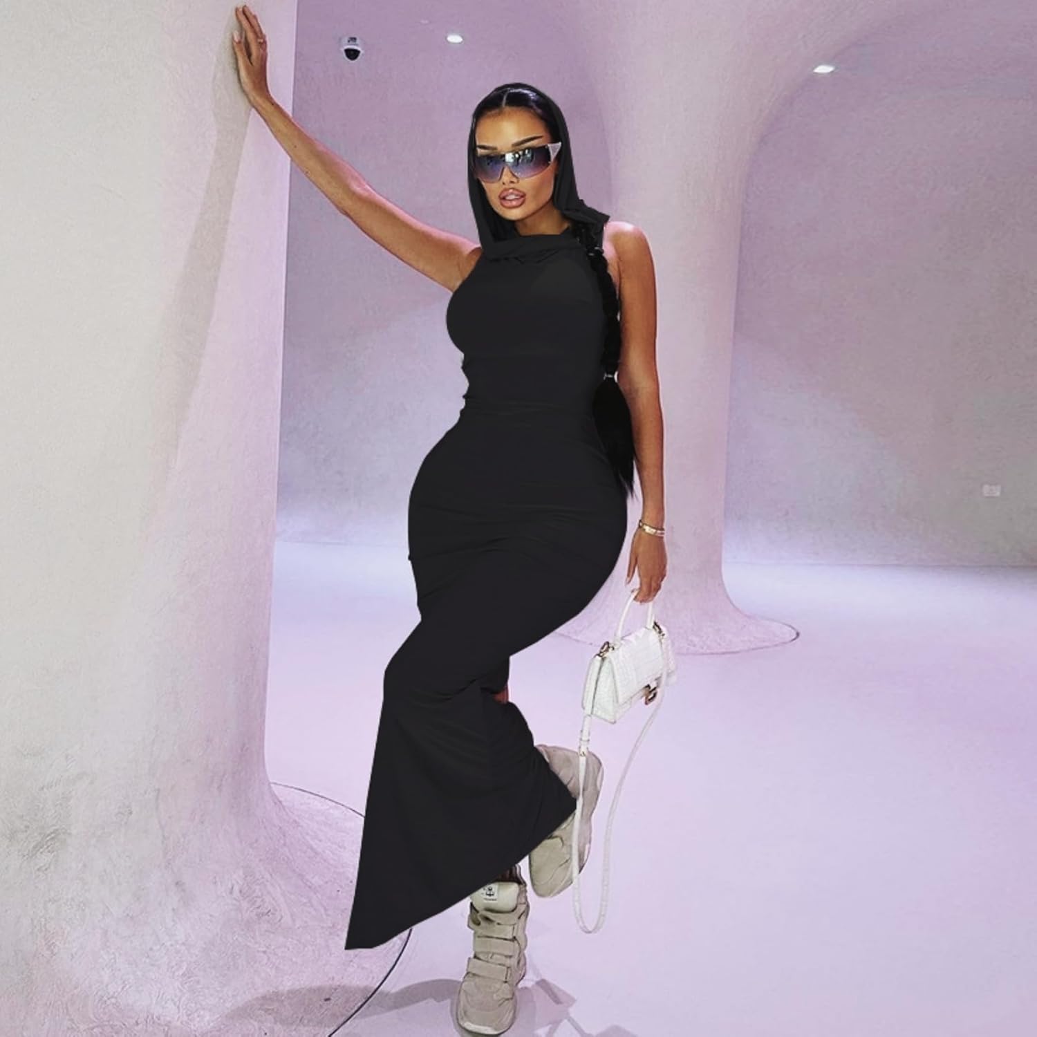Women's Sexy Sleeveless Hoodie Maxi Dress Back Split Hooded Bodycon Long Dress Party Club Outfit - Image 2