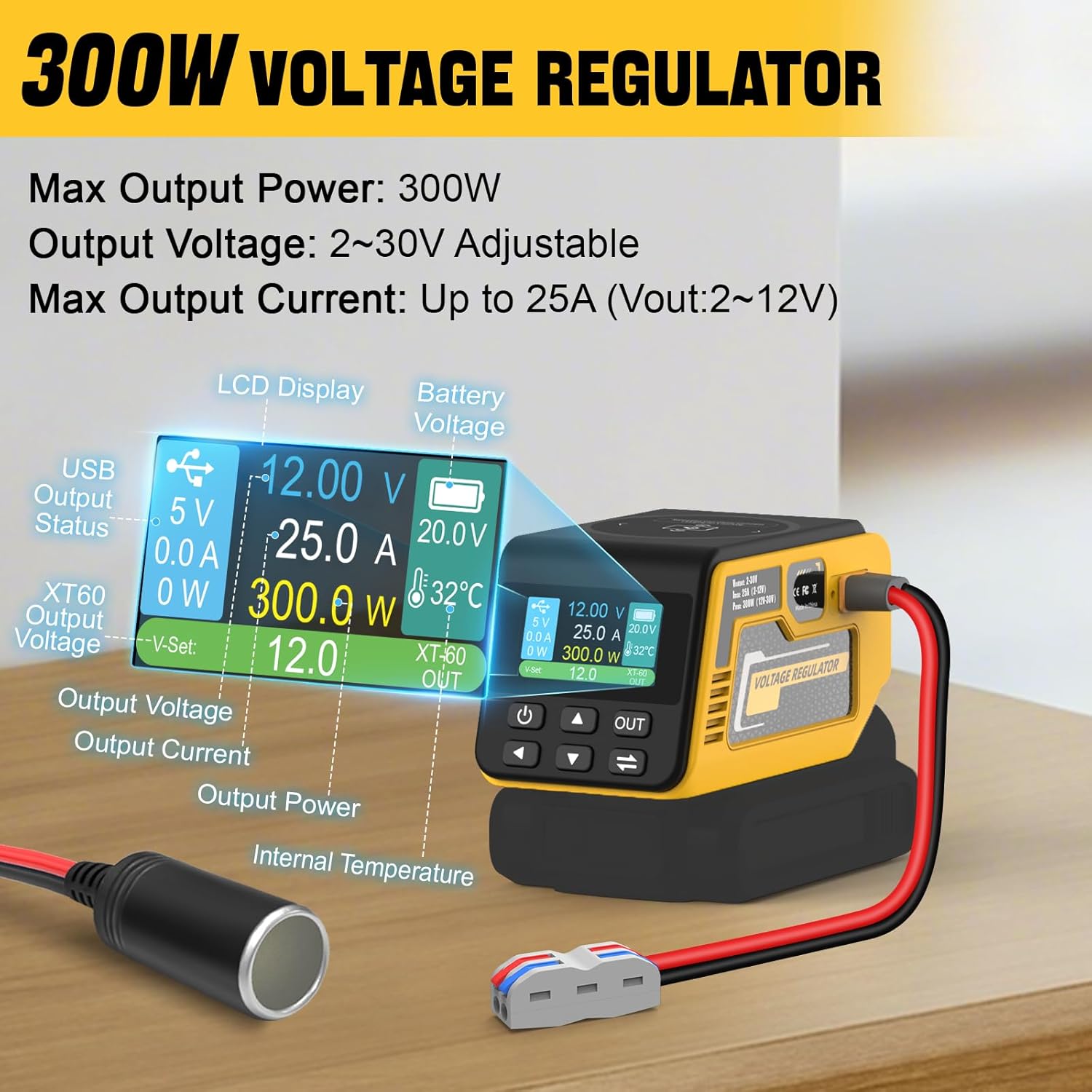 300W Voltage Regulator Compatible with DeWalt 20V Battery (Battery Not Included), 2–30V Adjustable DC Output, 100W Type-C PD Fast Charging, 15W Wireless Charger