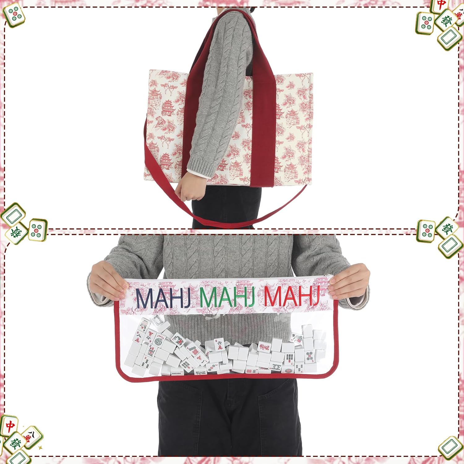 Empty 2 Pcs Mahjong Tote Bag Gift for Women 2-in-1 Set Mahjong Carrying Bag Thickened Printed Red White Mahjongs Tile Bags Storage Rack for Mahjongs Game Party Gift Daily Carry, Case Only