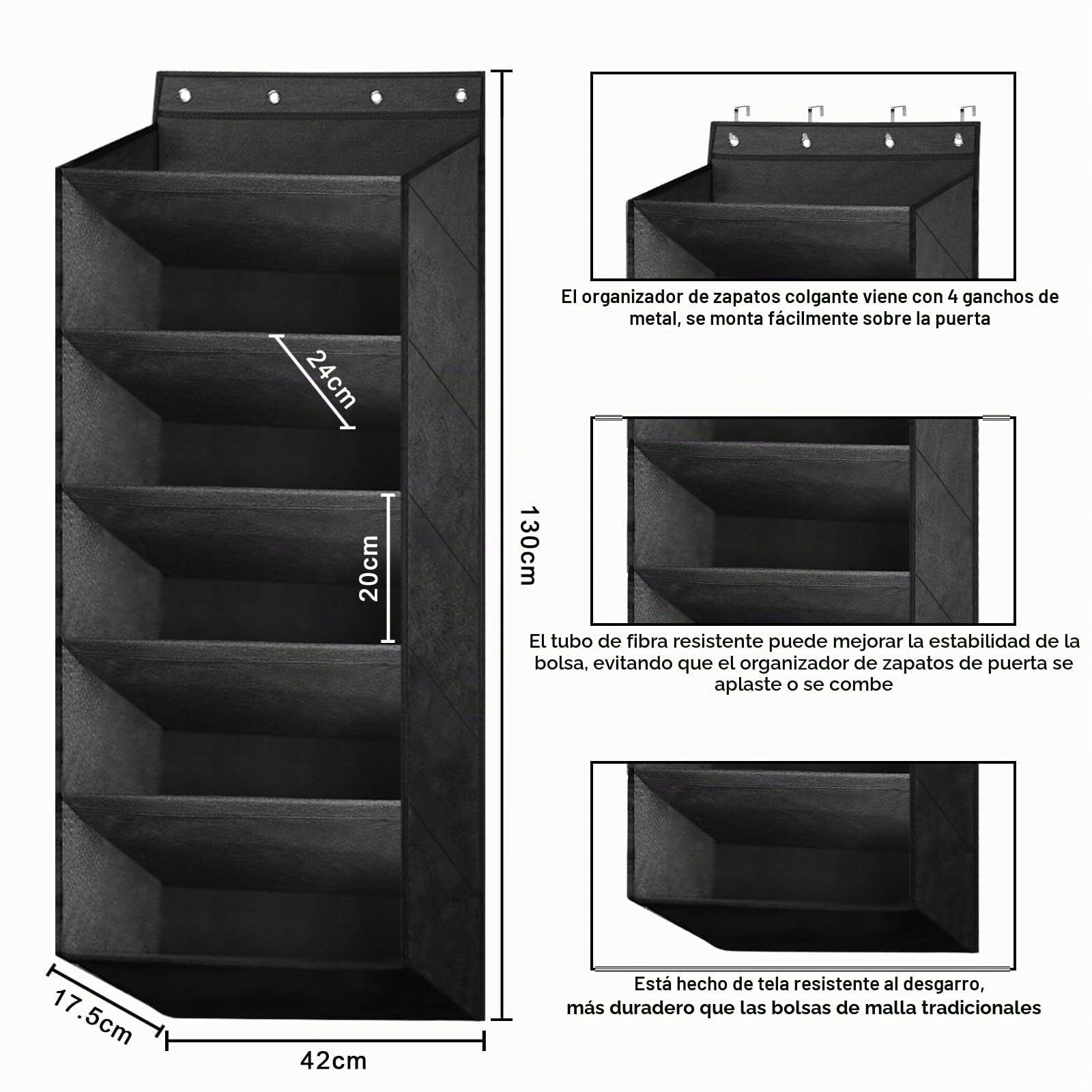 Zapatero para puerta, zapatero colgante, organizador de zapatos, puerta con 6 bolsillos profundos, se adapta a 12 pares de zapatos (negro)