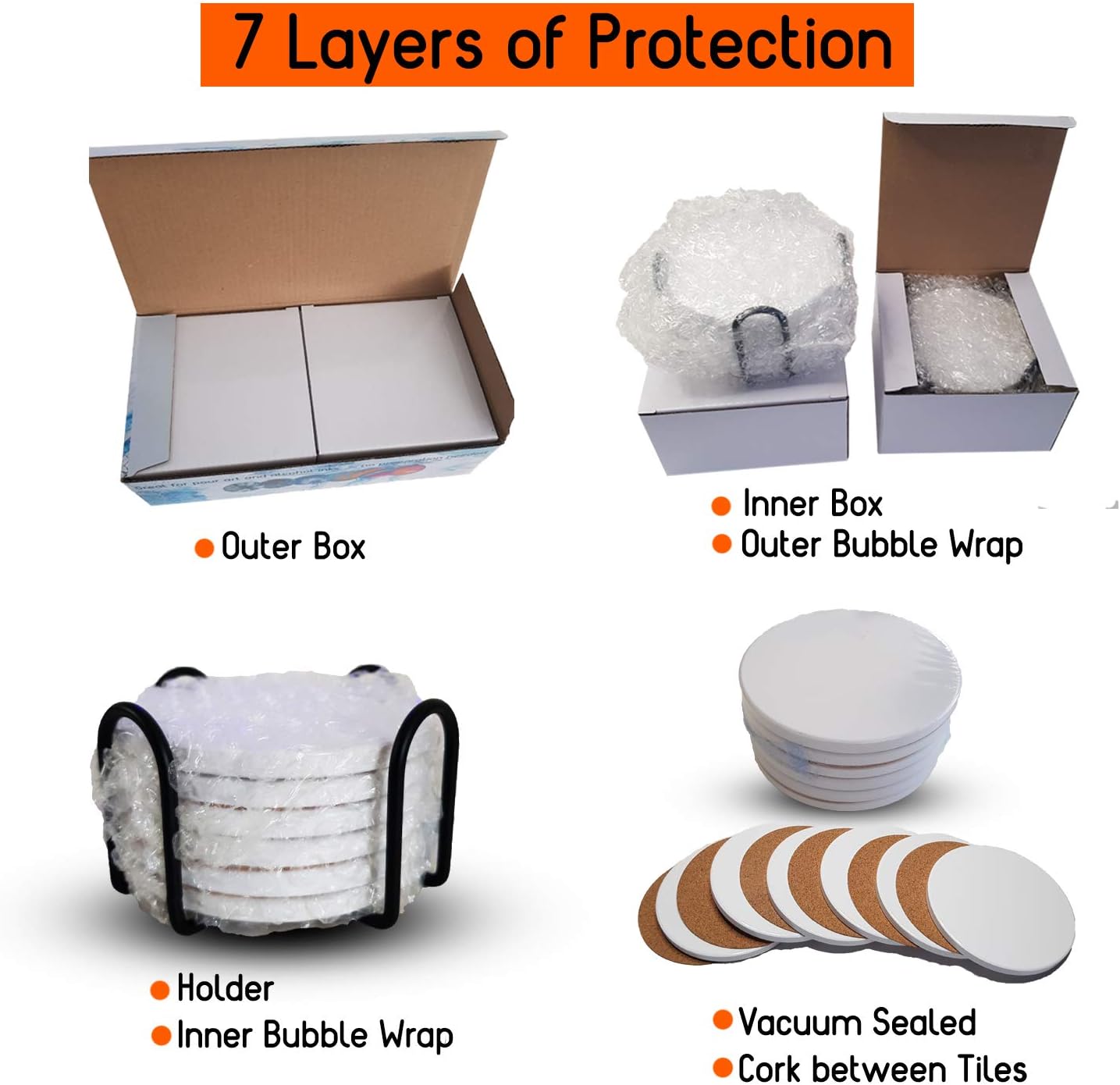 Ceramic Coaster Sets - 12 Round 4 Inch Glossy Non-Absorbent with Cork Backing & 2 Metal Stands - for Sublimate Printing