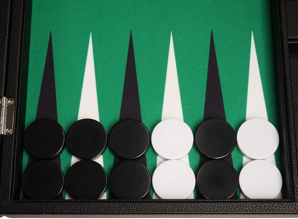 19-inch Premium Backgammon Set - Large Size - Black Board, Green Playing Surface, Black and White Points