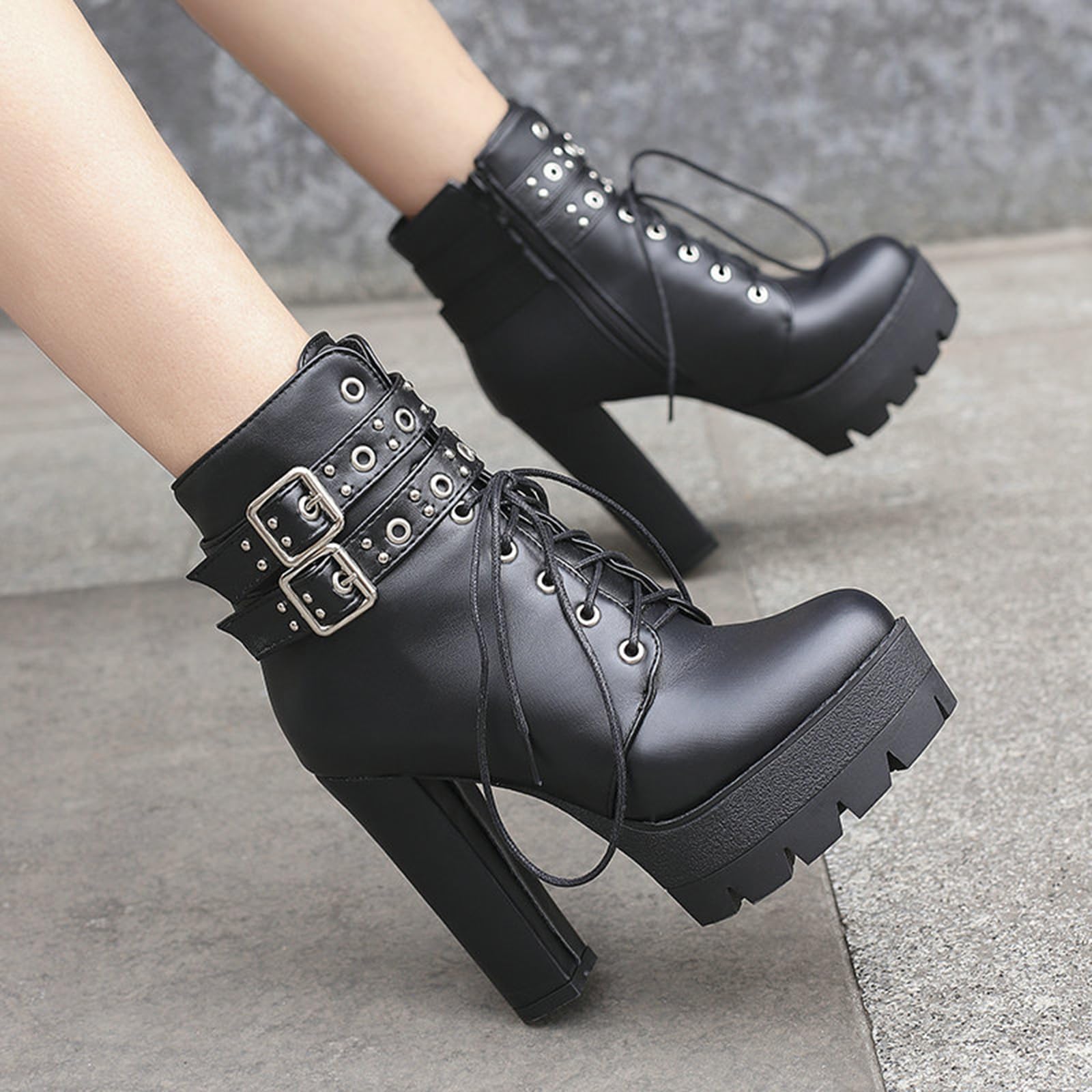 12 CM Plataforma de la Mujer Botas de tacón Alto Sexy Chunky Heels Ultra High Heel Hebilla Frente Lace-Up High Heel Mid Calf Boots