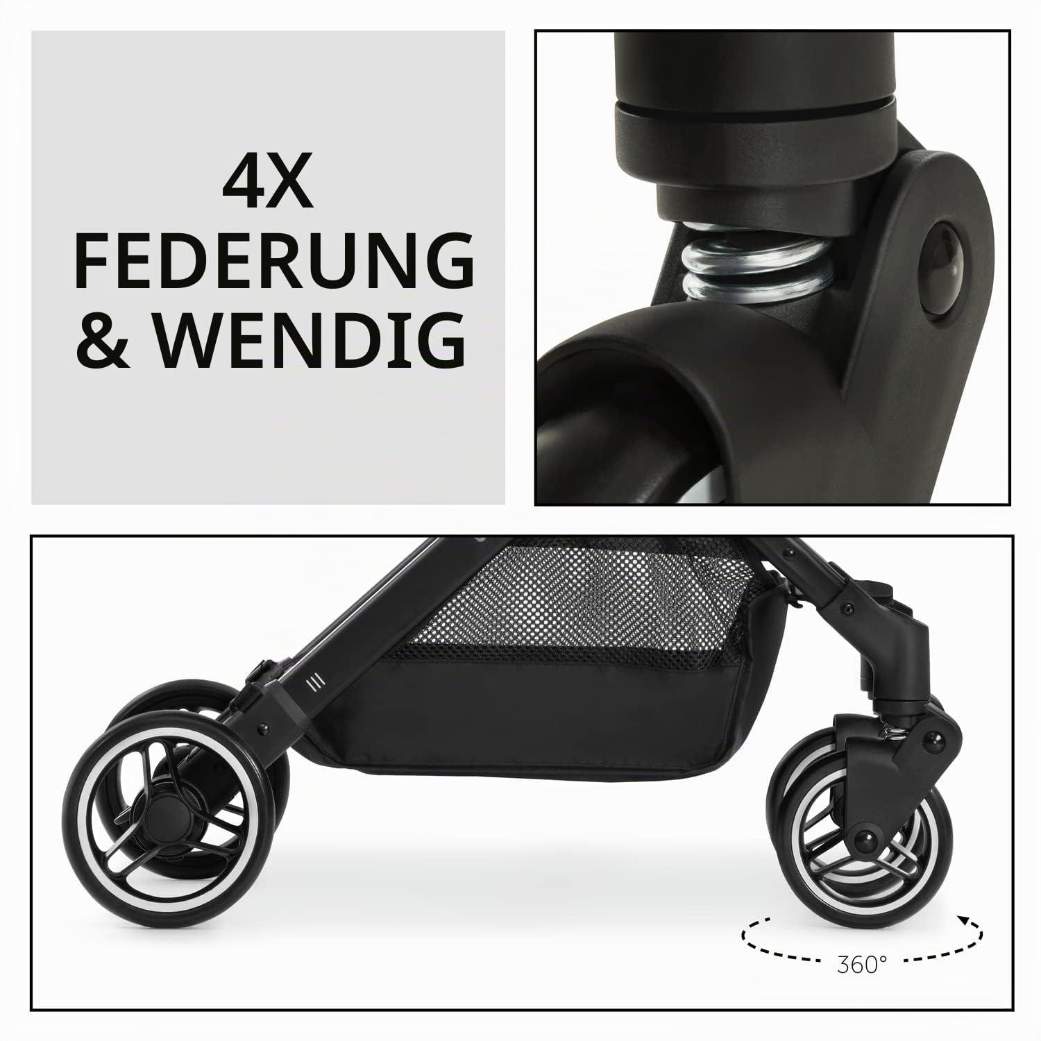 hauck Travel N Care, Schwarz - GOLD WINNER Mother & Baby Awards 2024, Leichter Reisewagen mit Regenschutz, Federung, kompakt & faltbar, UPF 50+, voll liegend ab Geburt bis 22 kg