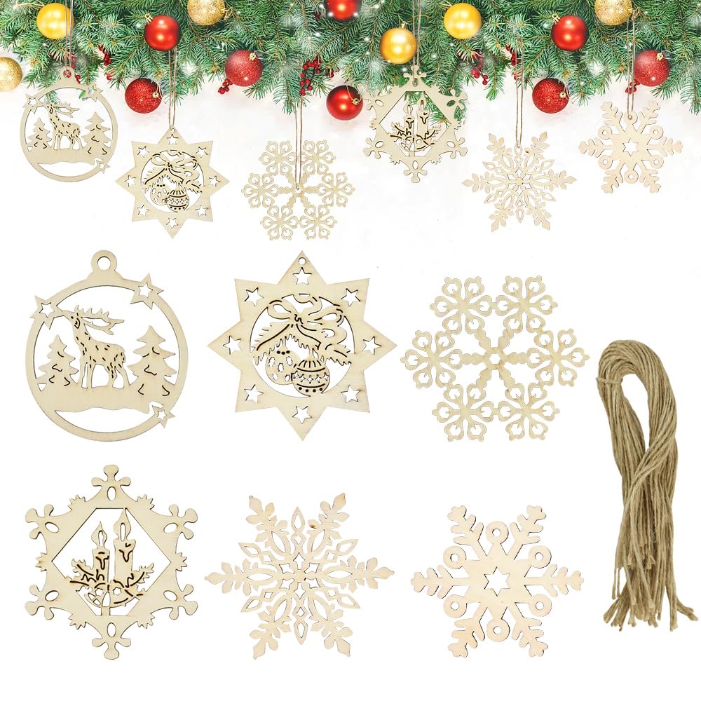 DTYGUIXE Adornos para Árbol de Navidad, 24 Colgantes Navideños de Madera de 6 Estilos con Cuerdas, Bolas para Decoración Colgante y Manualidades