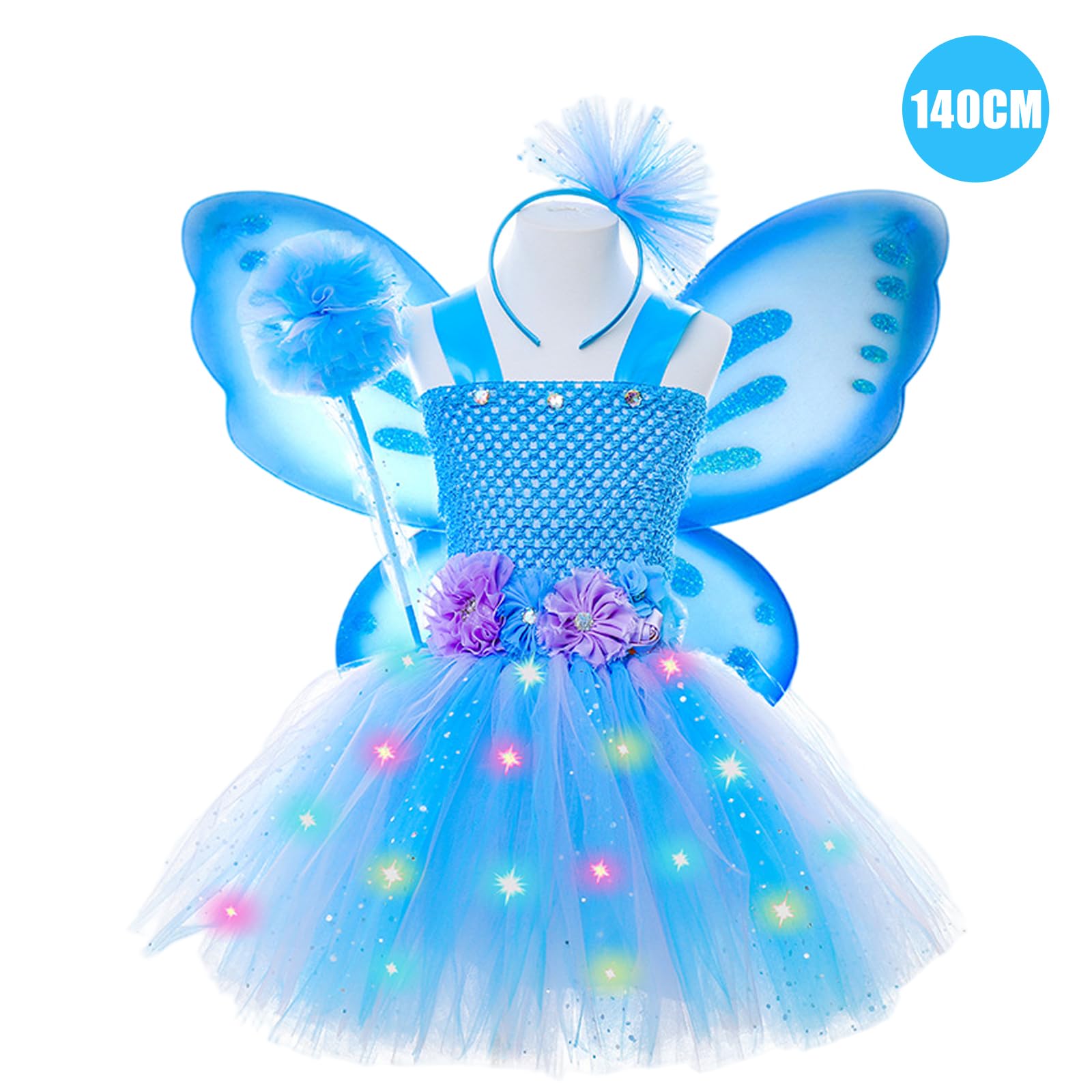 Costume da farfalla per ragazza, set di costumi da fata da 4 pezzi include vestito illuminato, ala di farfalla, bacchetta magica e fascia per capelli XL