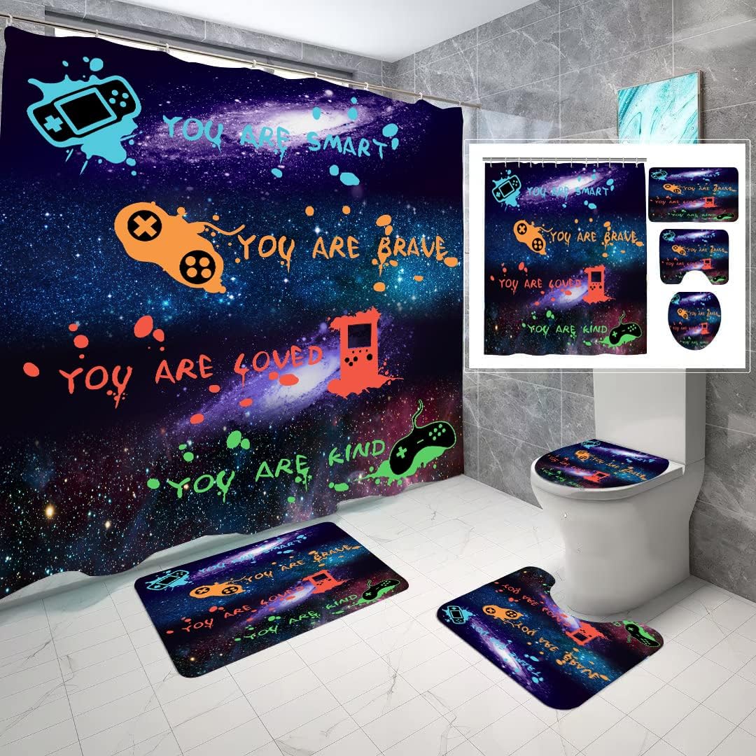 ALEXEX 4 PCS Star Outer Space Kids Shower Curtain Sets,Boys Gaming Bathroom Set with Shower Curtain and Rugs and Accessories,Inspirational Quotes Shower Curtain Bathroom Decor with 12 Hooks,72 X 72 In